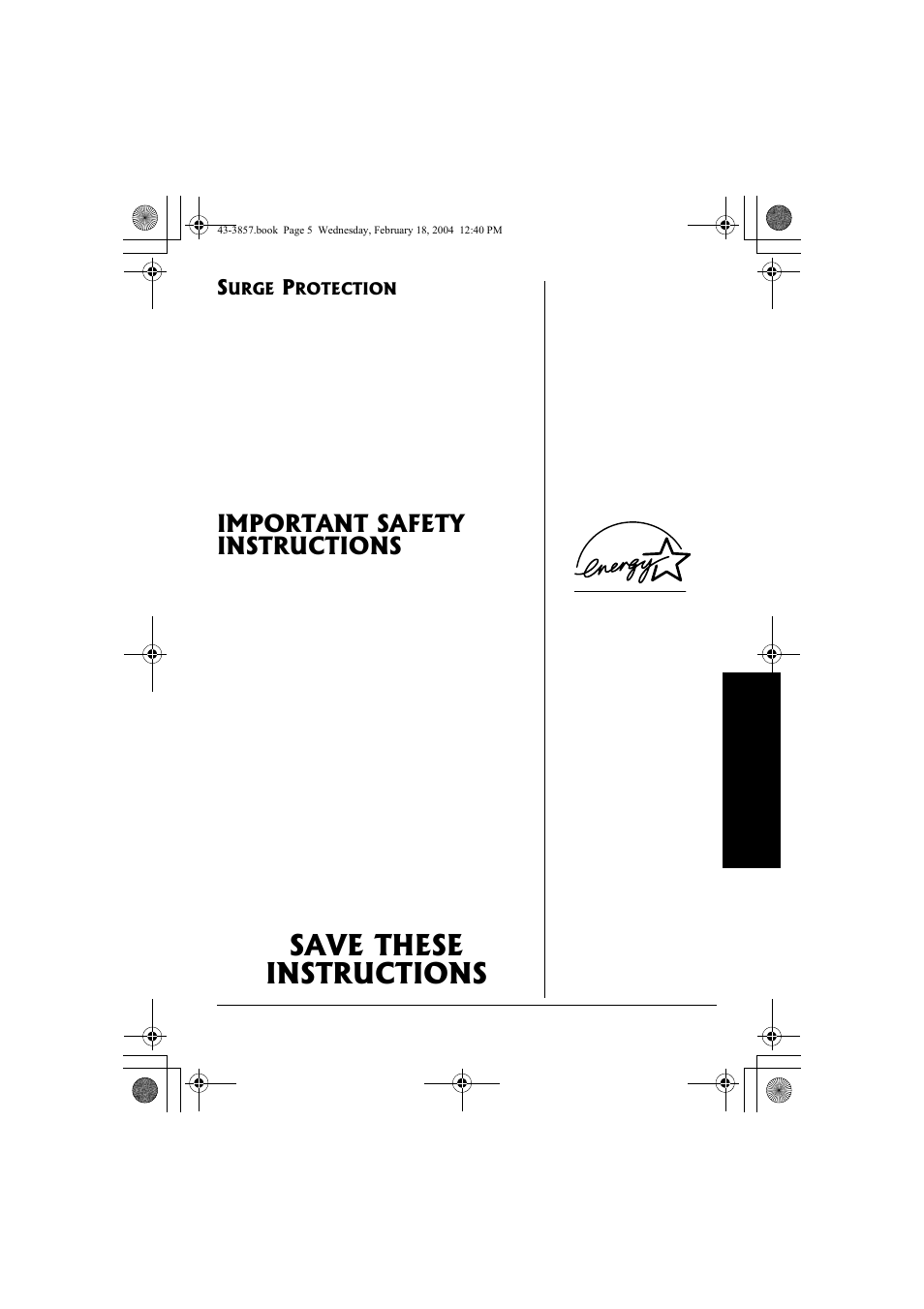 Surge protection, Important safety instructions, Save these instructions | Radio Shack 43-3857 User Manual | Page 5 / 44