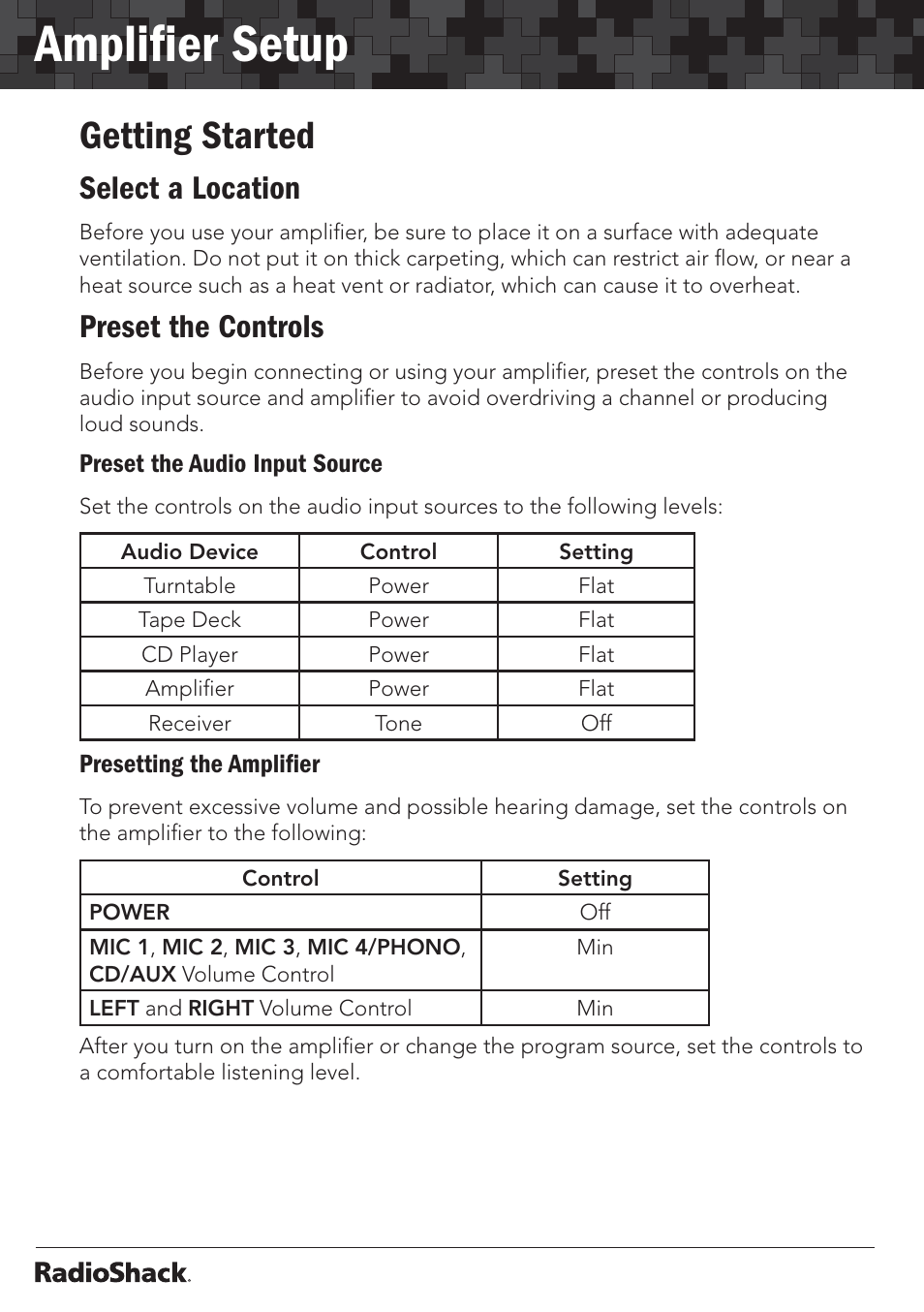 Ampliﬁer setup, Getting started, Select a location | Preset the controls | Radio Shack 32-2055 User Manual | Page 10 / 24