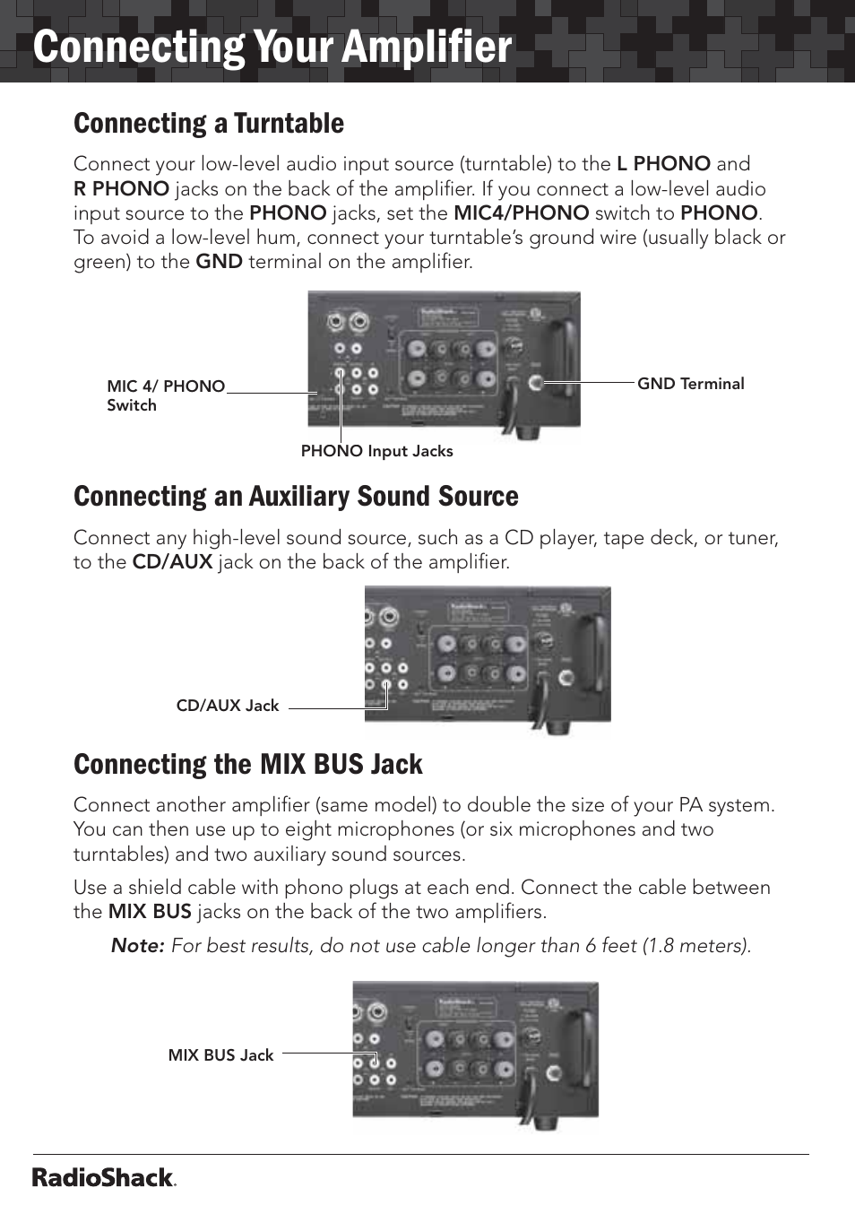 Connecting your ampliﬁer, Connecting a turntable, Connecting an auxiliary sound source | Connecting the mix bus jack | Radio Shack 32-2055 User Manual | Page 12 / 24