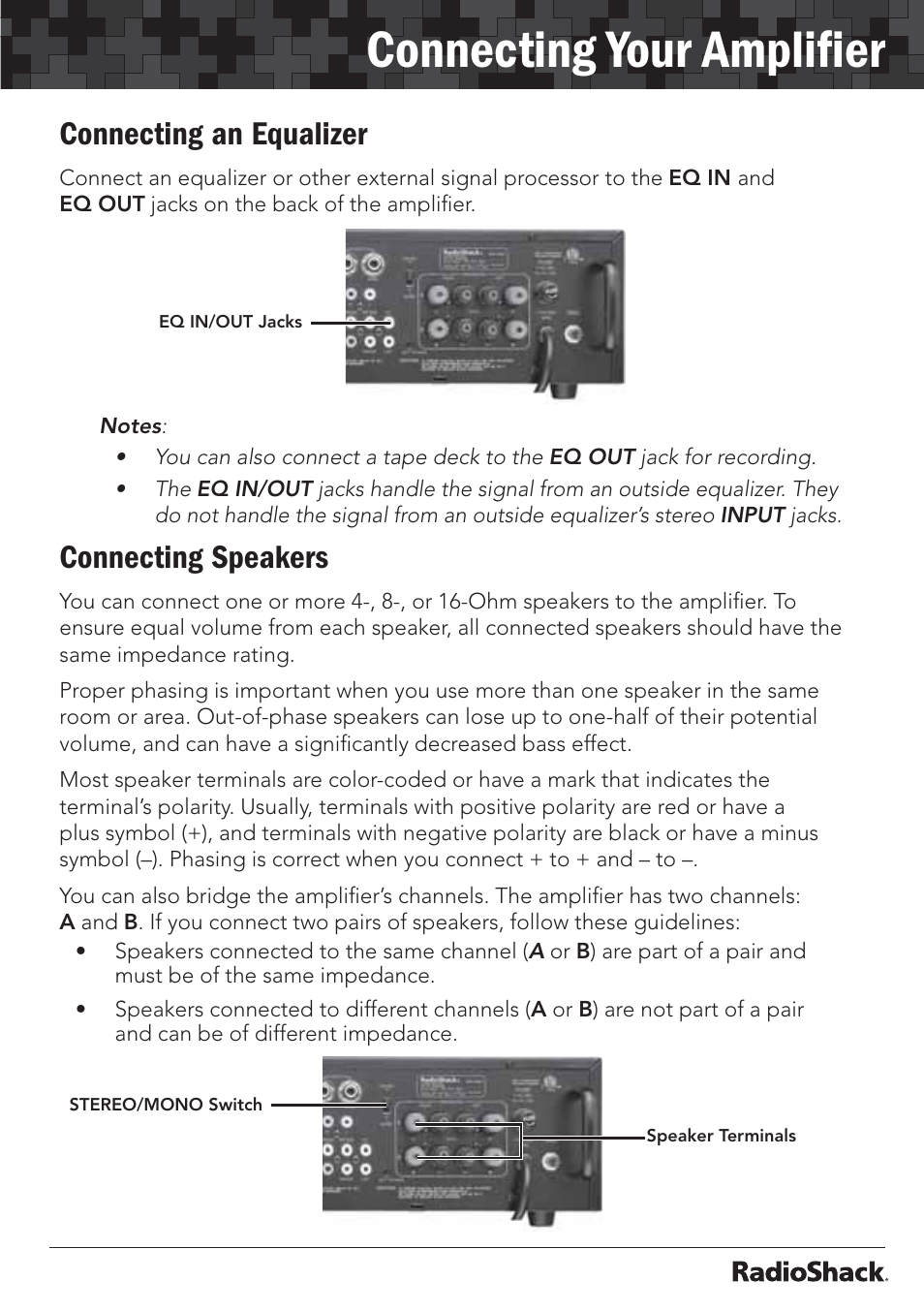 Connecting your ampliﬁer, Connecting an equalizer, Connecting speakers | Radio Shack 32-2055 User Manual | Page 13 / 24