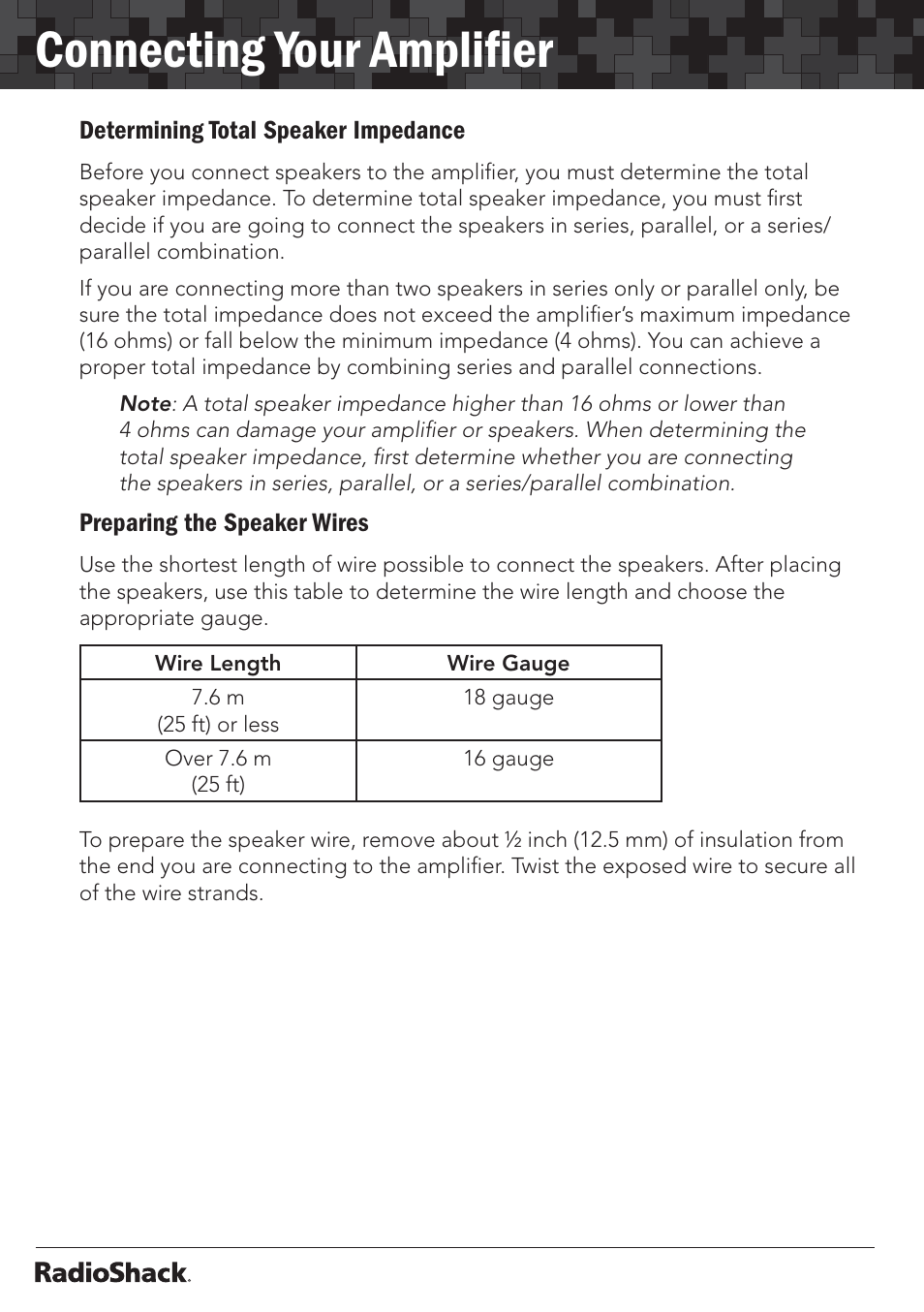 Connecting your ampliﬁer | Radio Shack 32-2055 User Manual | Page 14 / 24