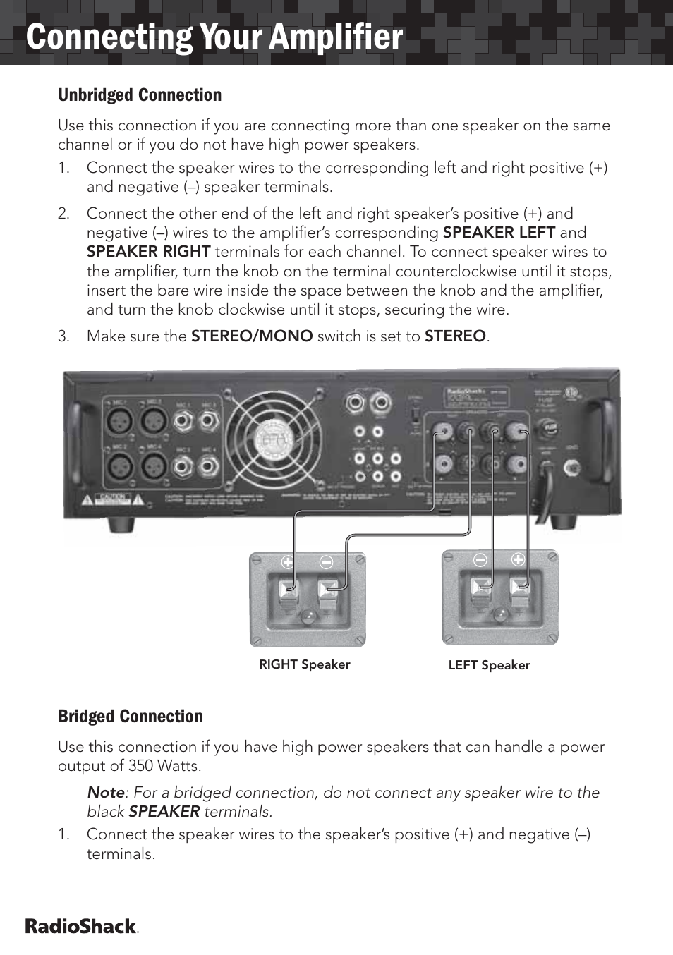 Connecting your ampliﬁer | Radio Shack 32-2055 User Manual | Page 16 / 24