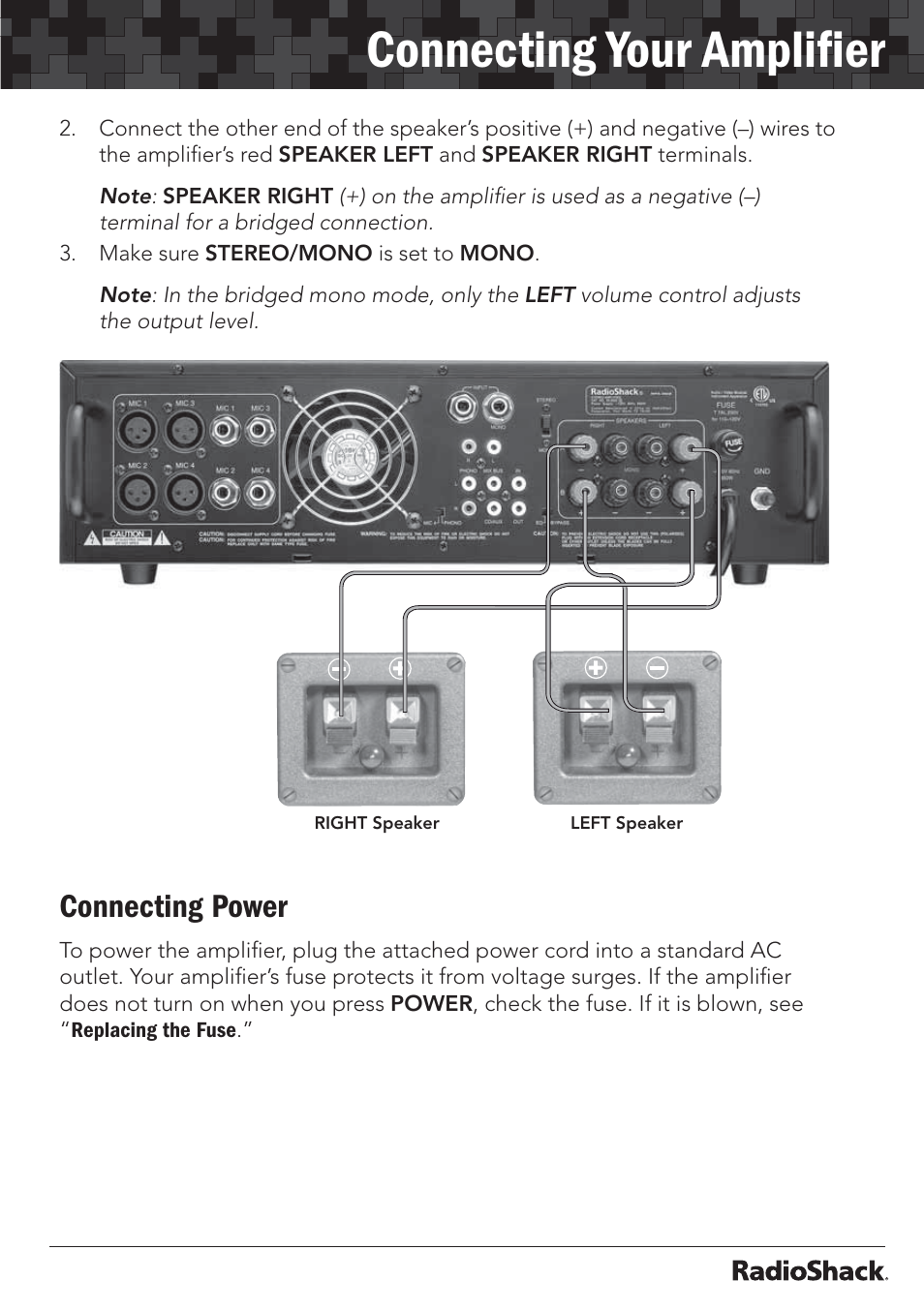 Connecting your ampliﬁer, Connecting power | Radio Shack 32-2055 User Manual | Page 17 / 24