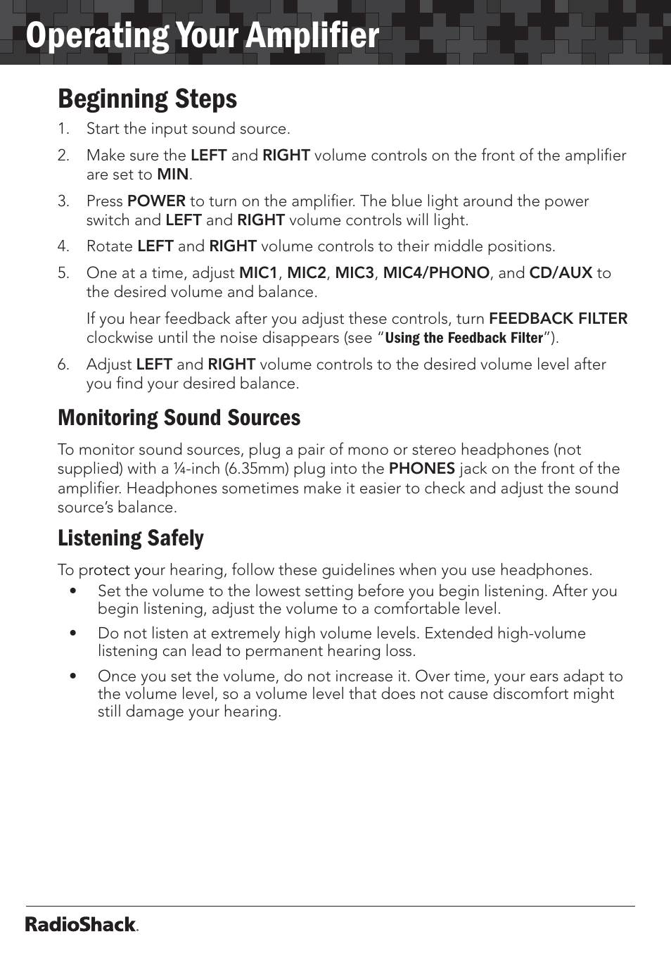 Operating your ampliﬁer, Beginning steps, Monitoring sound sources | Listening safely | Radio Shack 32-2055 User Manual | Page 18 / 24