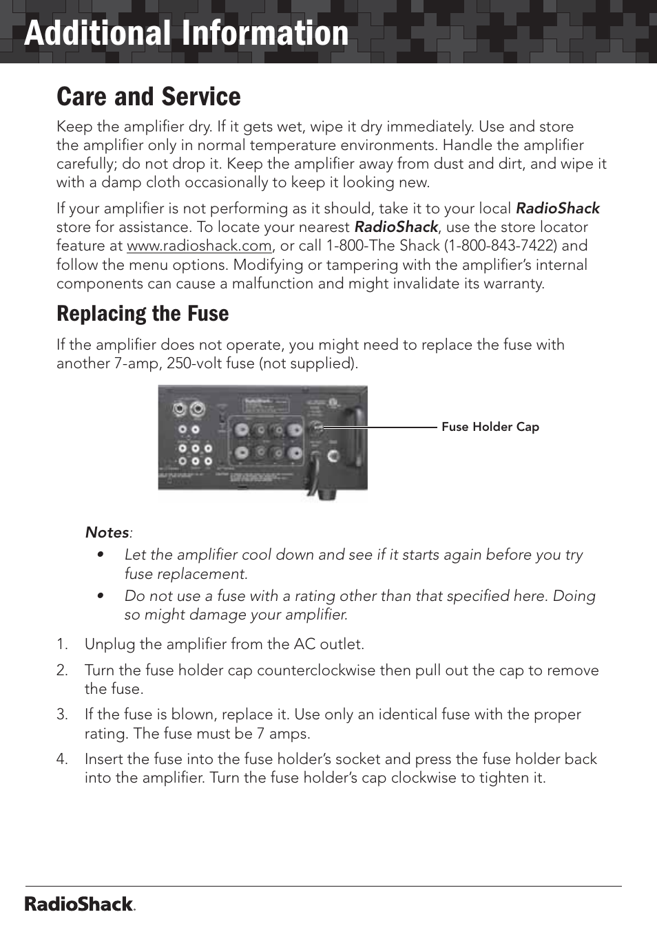 Additional information, Care and service, Replacing the fuse | Radio Shack 32-2055 User Manual | Page 20 / 24