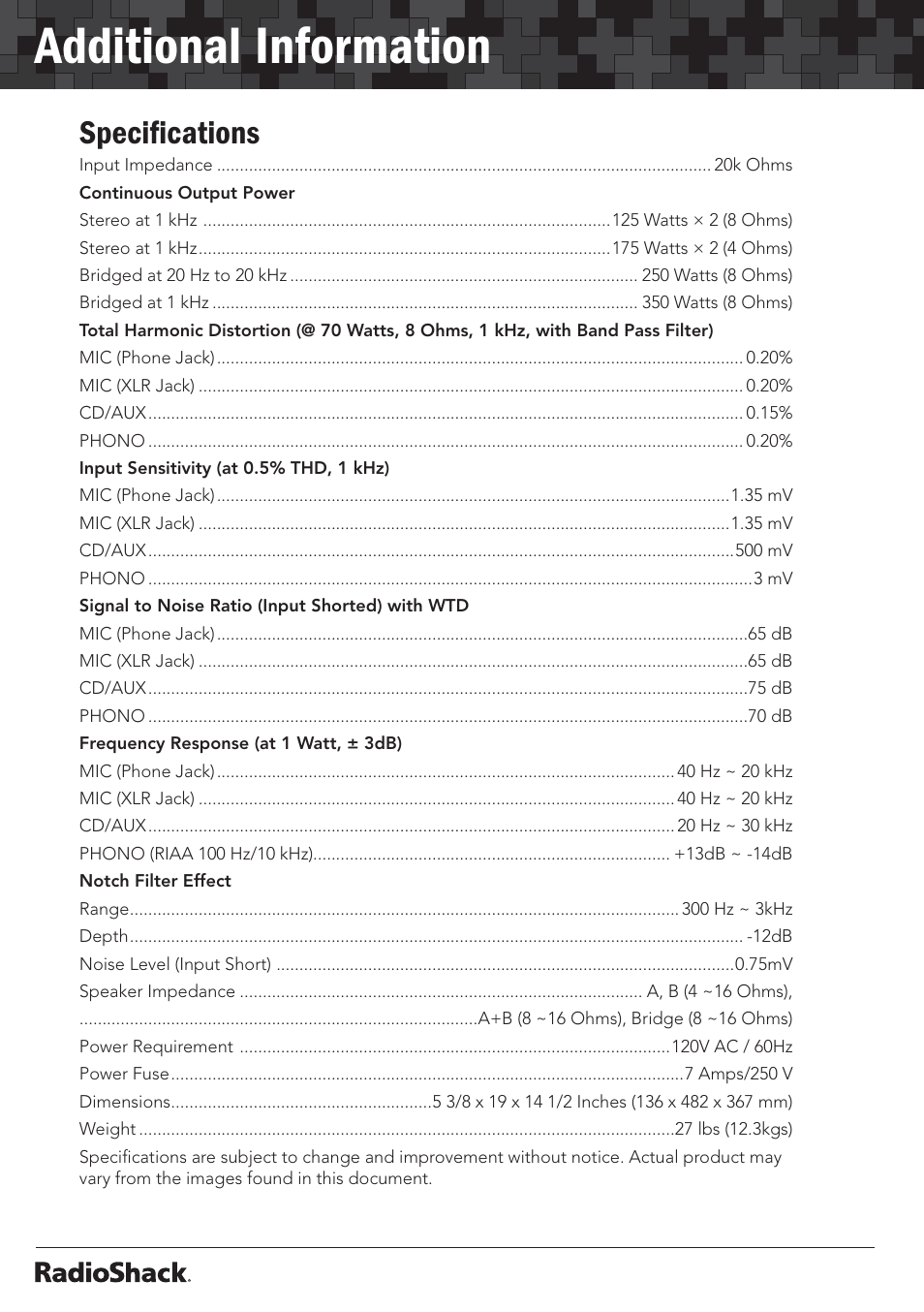Additional information, Speciﬁcations | Radio Shack 32-2055 User Manual | Page 22 / 24