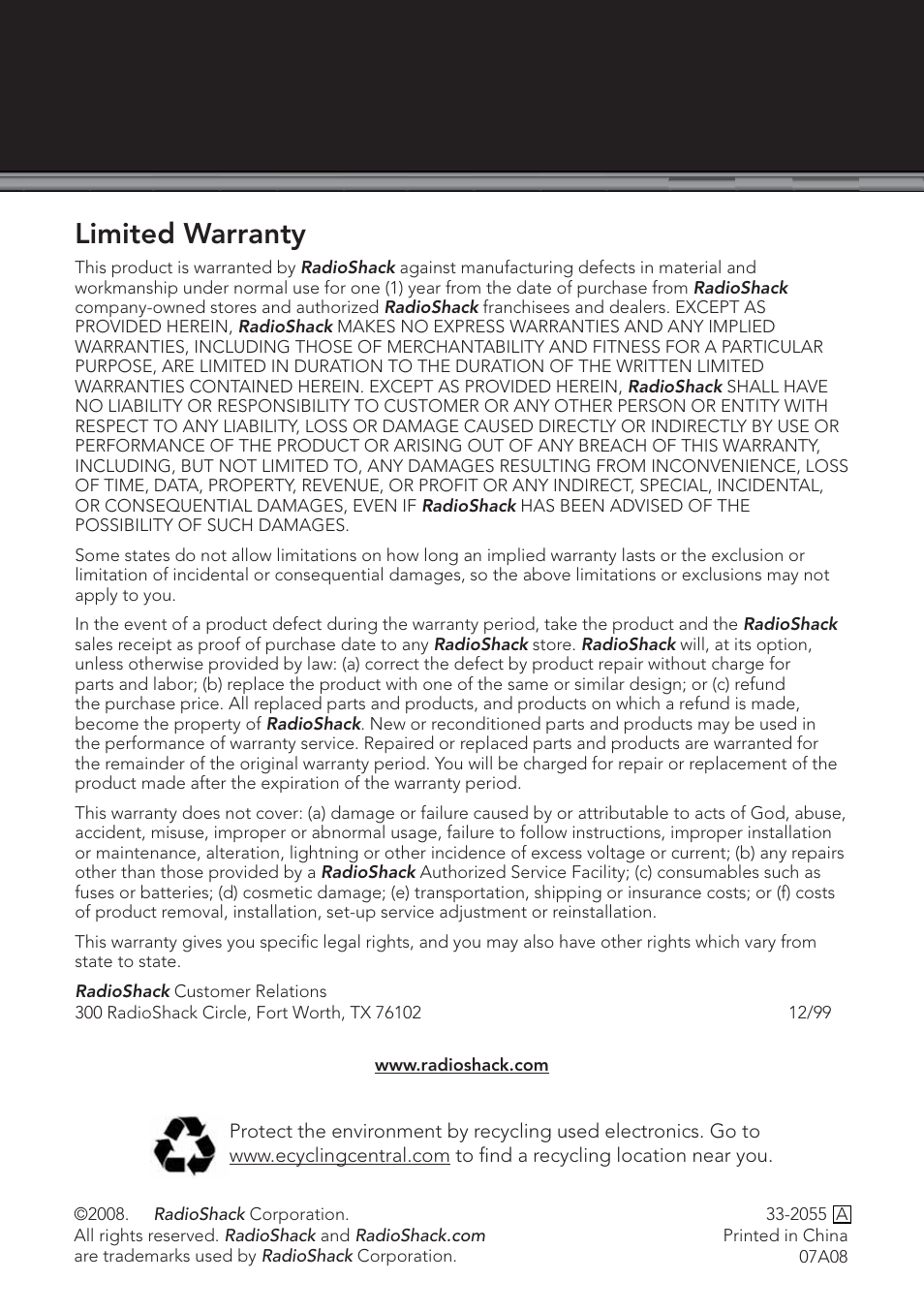 Limited warranty | Radio Shack 32-2055 User Manual | Page 24 / 24