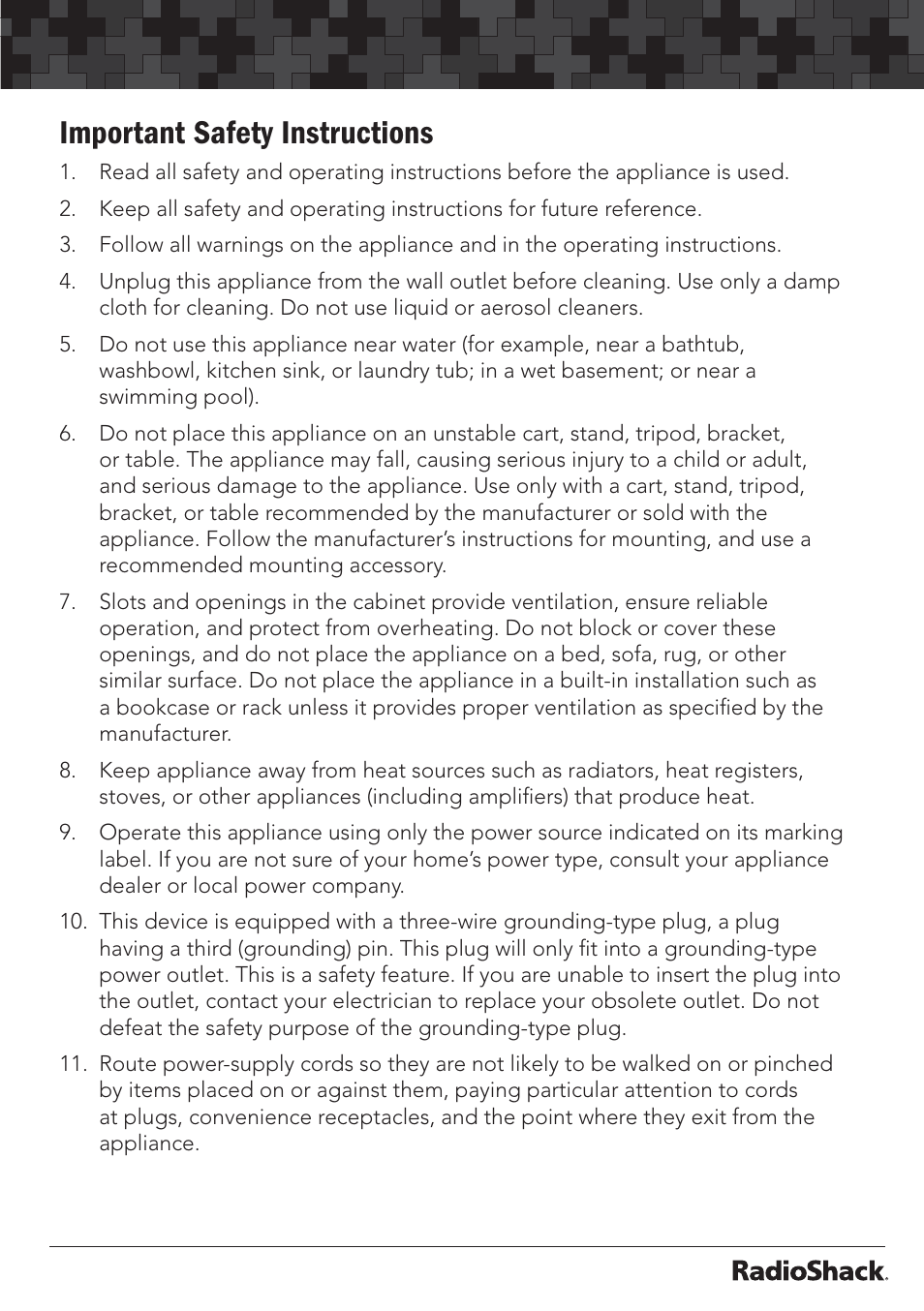 Important safety instructions | Radio Shack 32-2055 User Manual | Page 3 / 24