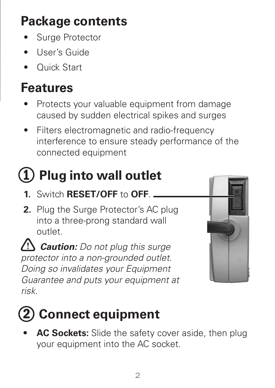 Package contents, Features, Plug into wall outlet | Connect equipment | Radio Shack Enercell 61-188 User Manual | Page 2 / 10