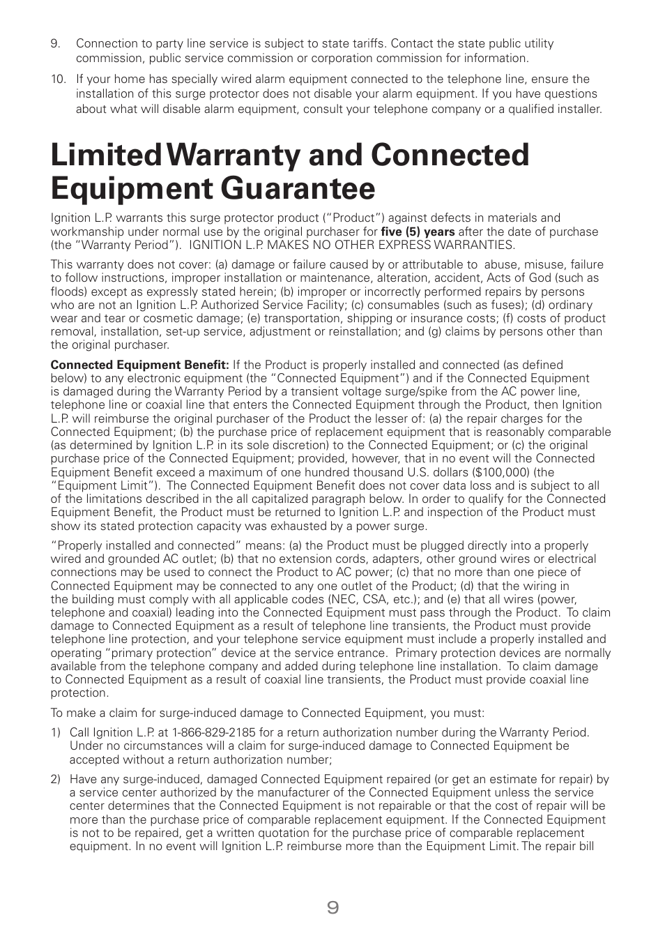 Limited warranty and connected equipment guarantee | Radio Shack Enercell 61-188 User Manual | Page 9 / 10