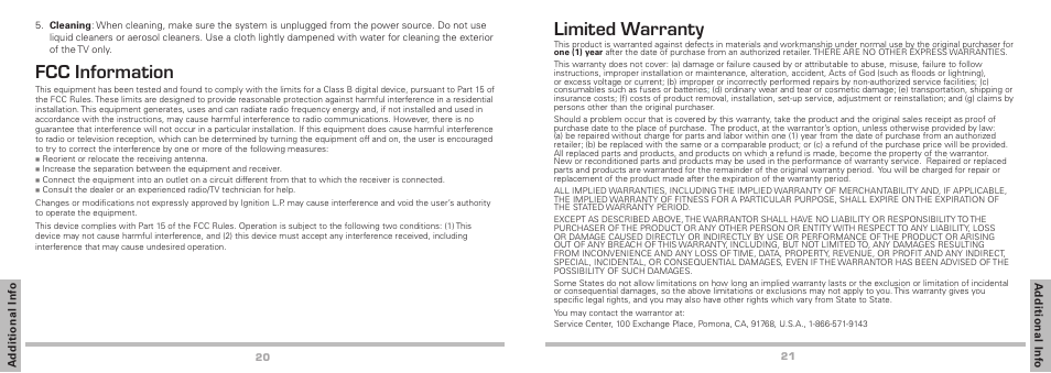 Fcc information, Limited warranty | Radio Shack Auvio 16-906 User Manual | Page 11 / 12