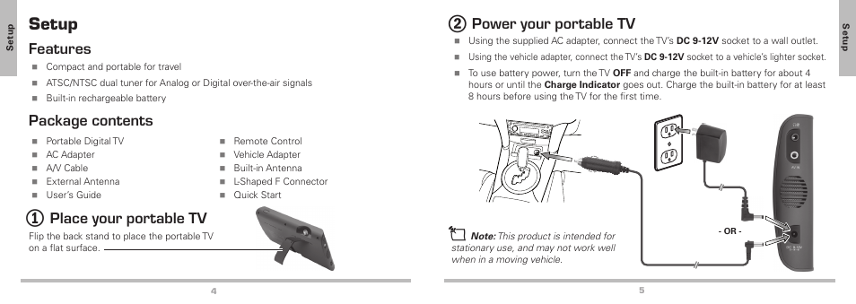 Setup, Features, Package contents | Place your portable tv, Power your portable tv | Radio Shack Auvio 16-906 User Manual | Page 3 / 12