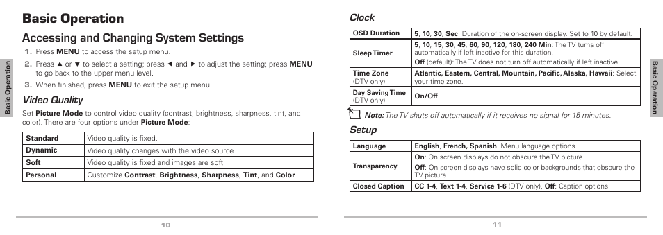 Basic operation, Accessing and changing system settings, Video quality | Clock, Setup | Radio Shack Auvio 16-906 User Manual | Page 6 / 12