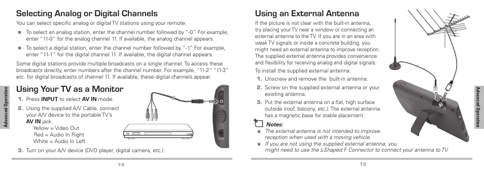 Selecting analog or digital channels, Using your tv as a monitor, Using an external antenna | Radio Shack Auvio 16-906 User Manual | Page 8 / 12