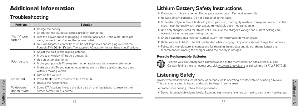 Additional information, Troubleshooting, Lithium battery safety instructions | Listening safely | Radio Shack Auvio 16-906 User Manual | Page 9 / 12