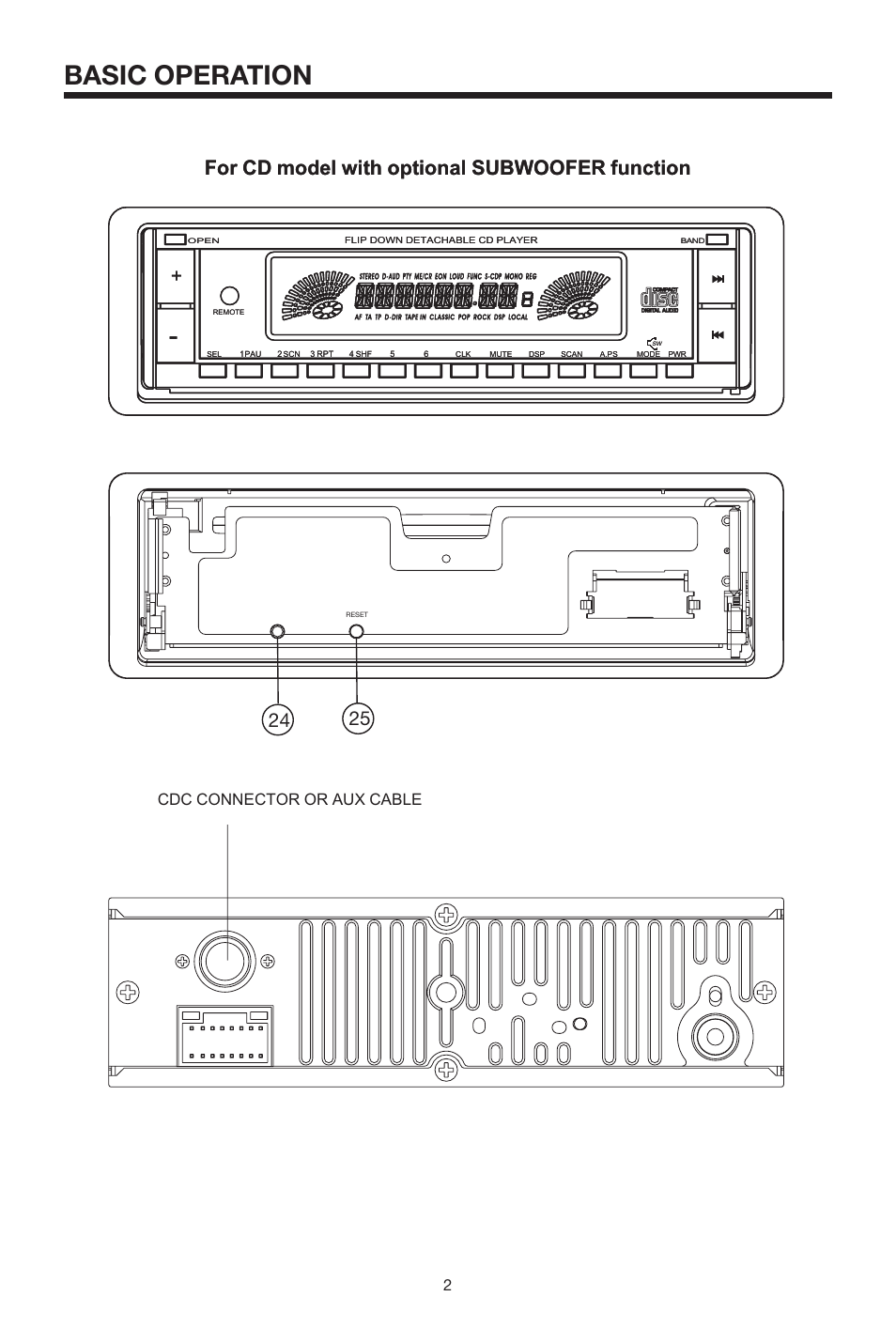 Basic operation, For cd model with optional subwoofer function, Cdc connector or aux cable | Radio Shack PLCD35 User Manual | Page 3 / 12