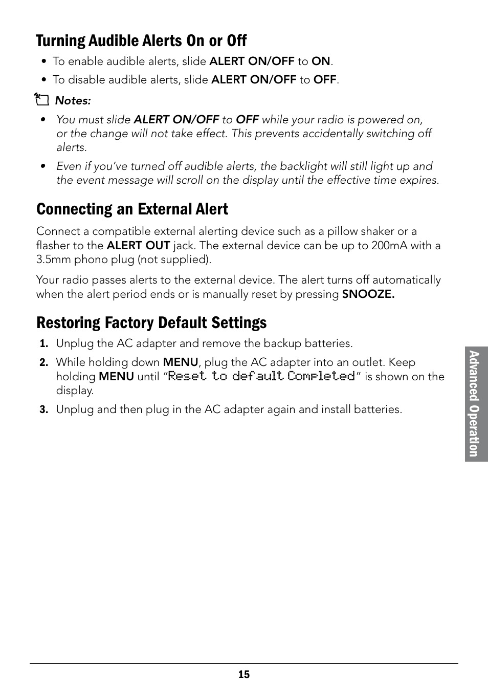 Turning audible alerts on or off, Connecting an external alert, Restoring factory default settings | Radio Shack 12-519 User Manual | Page 15 / 24
