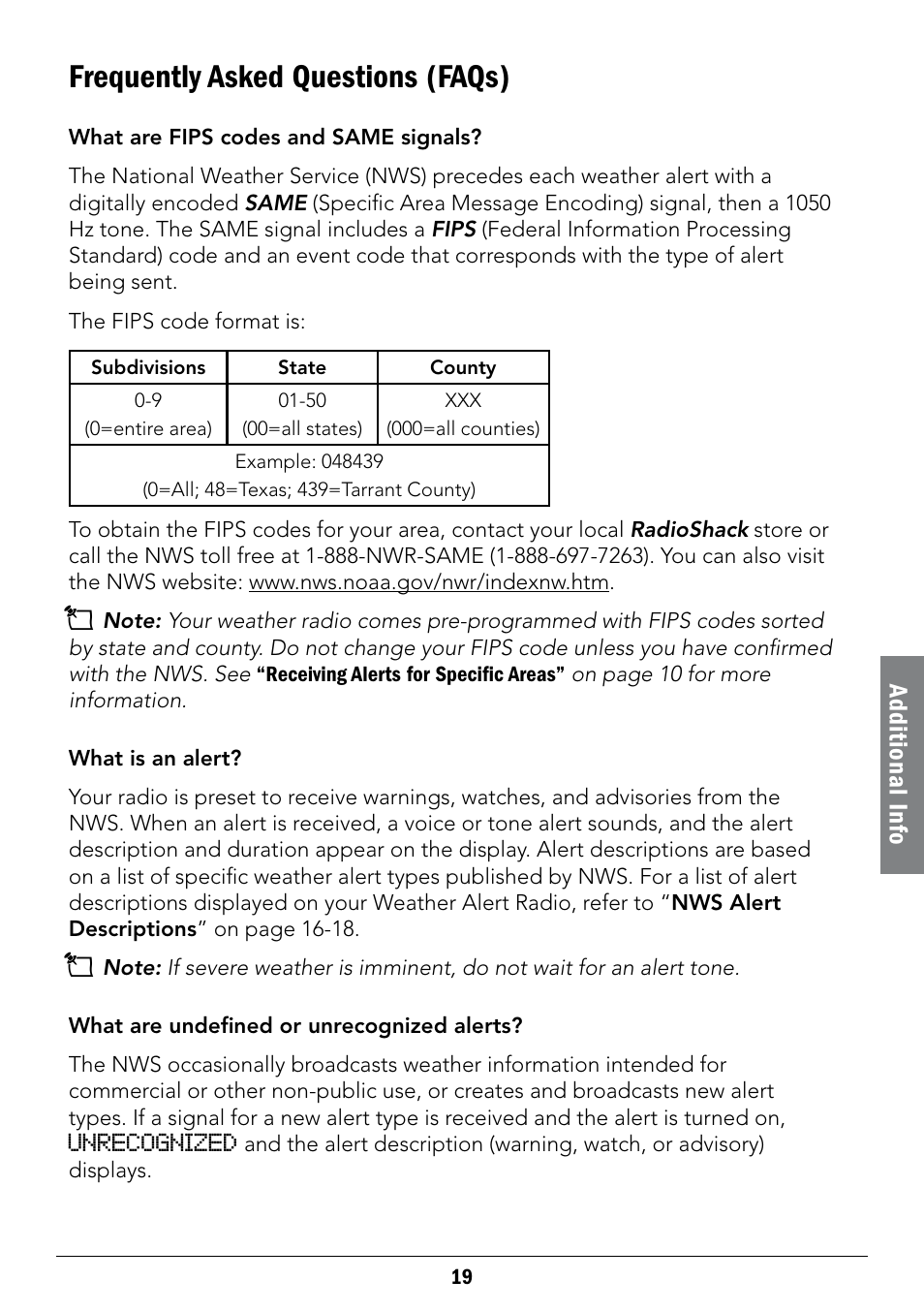 Frequently asked questions (faqs), Adv anced oper ation ad dit io na l i nfo | Radio Shack 12-519 User Manual | Page 19 / 24