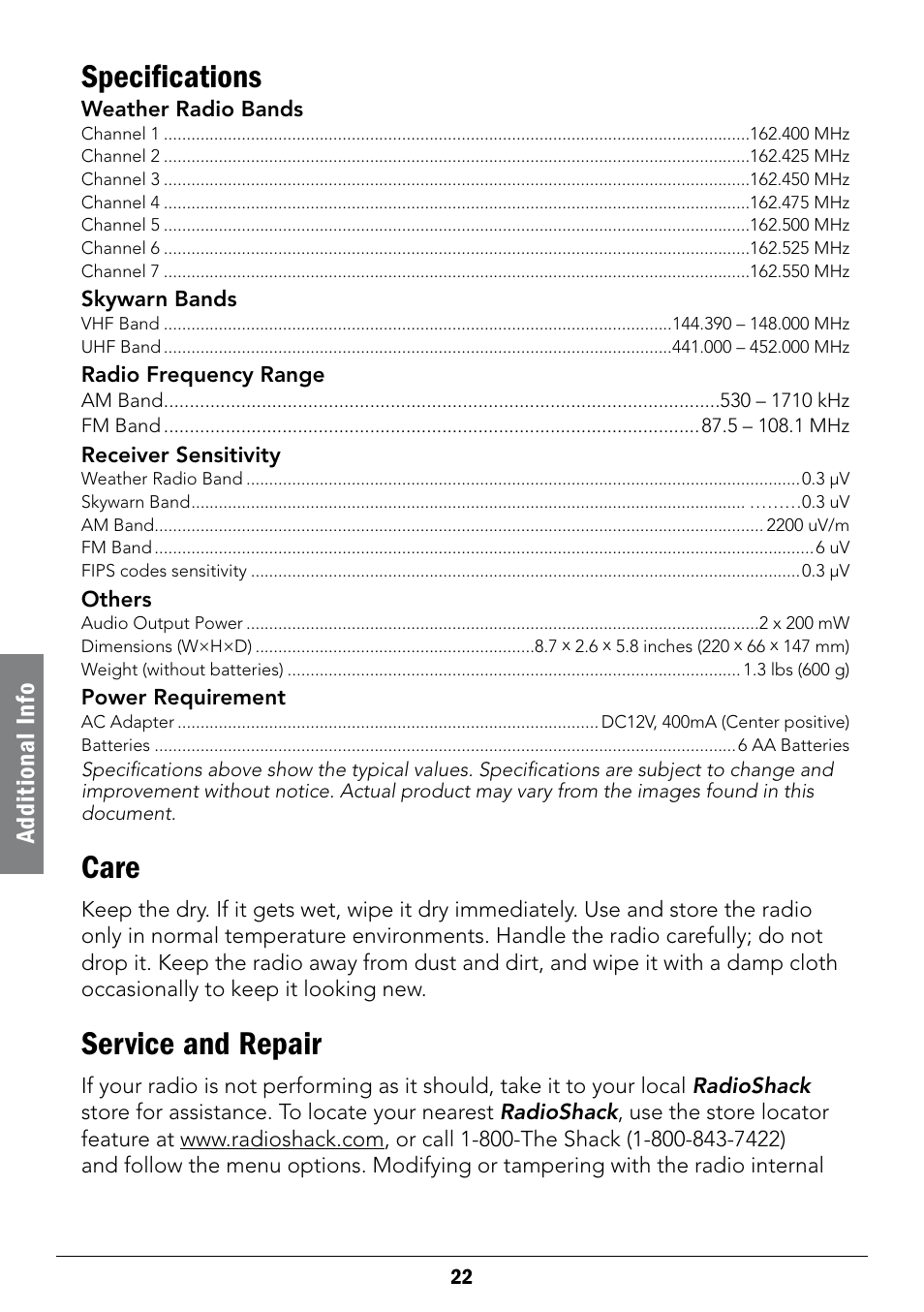 Specifications, Care, Service and repair | Radio Shack 12-519 User Manual | Page 22 / 24