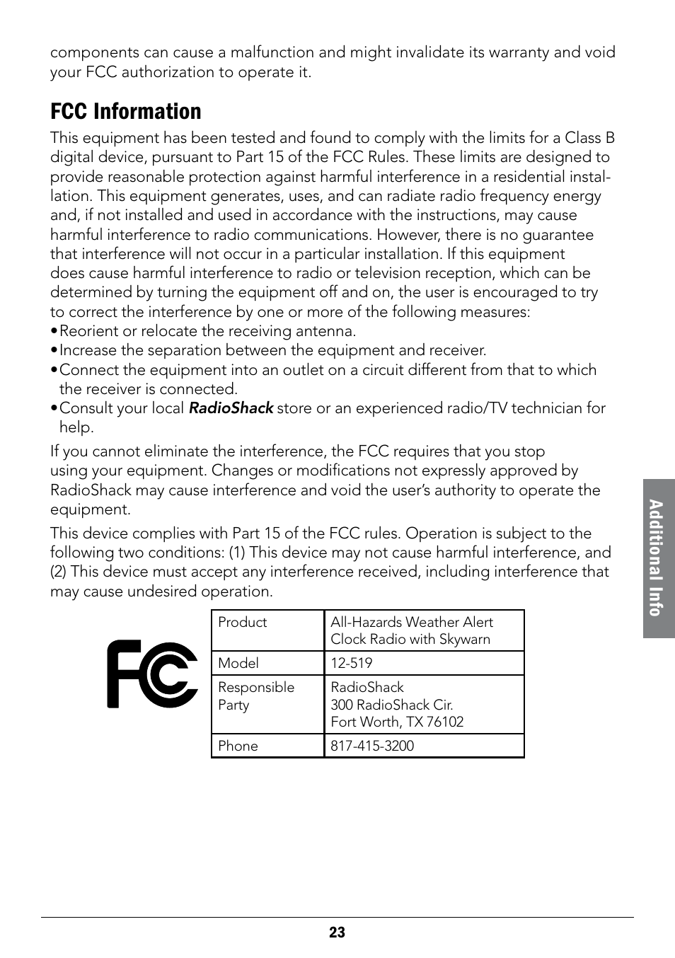 Fcc information, Adv anced oper ation ad dit io na l i nfo | Radio Shack 12-519 User Manual | Page 23 / 24