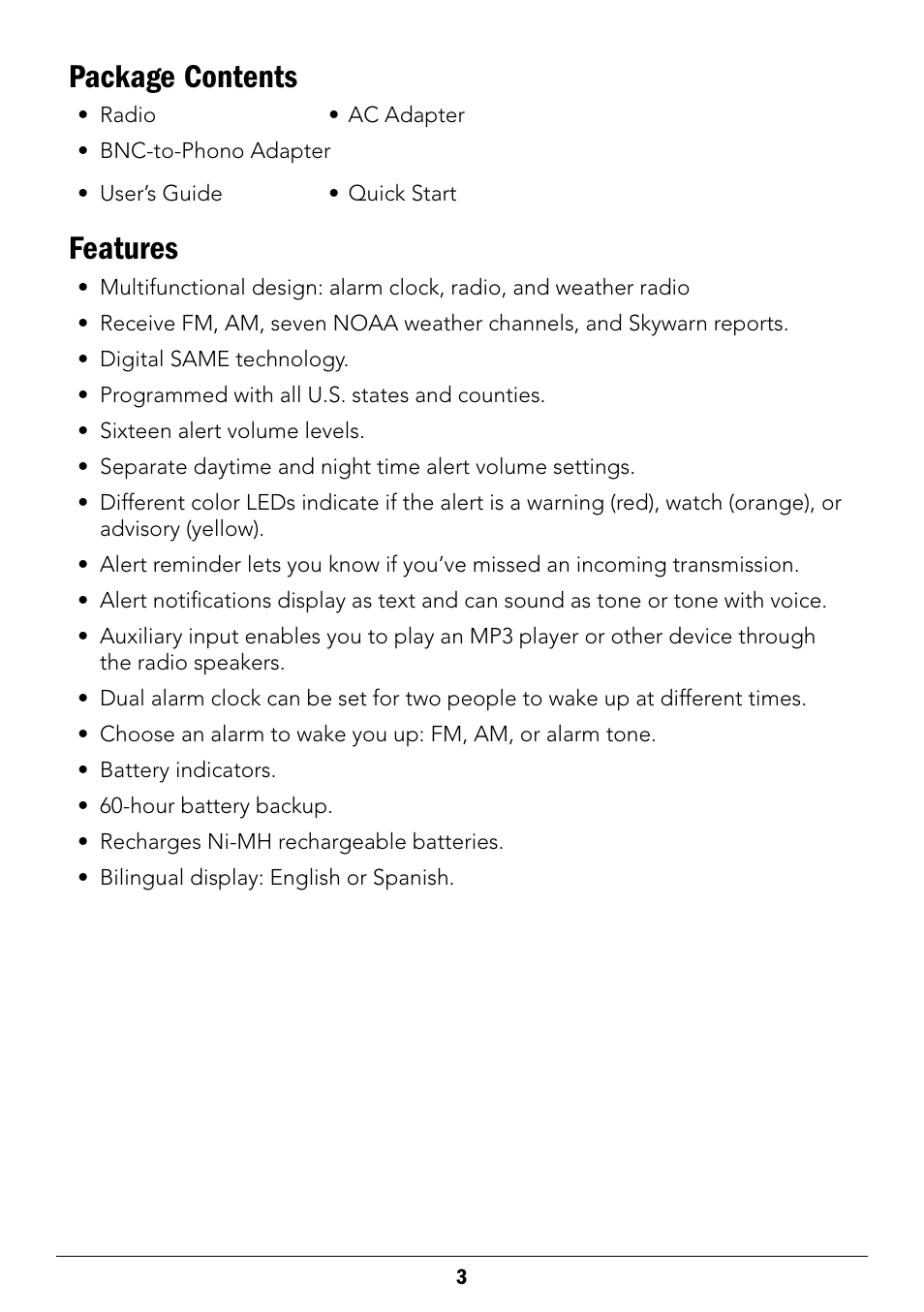 Package contents, Features | Radio Shack 12-519 User Manual | Page 3 / 24