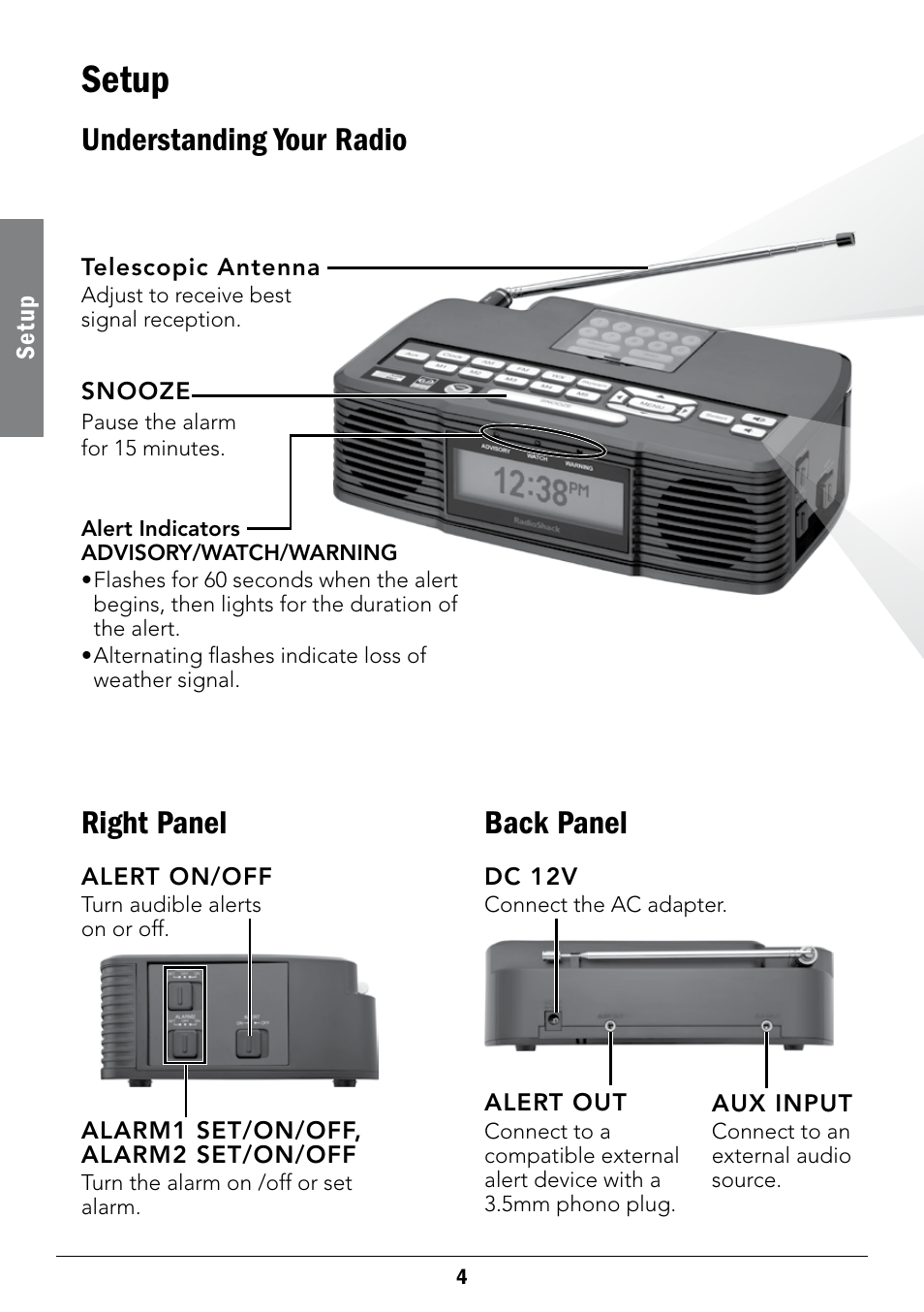 Setup, Understanding your radio, Right panel back panel | Radio Shack 12-519 User Manual | Page 4 / 24
