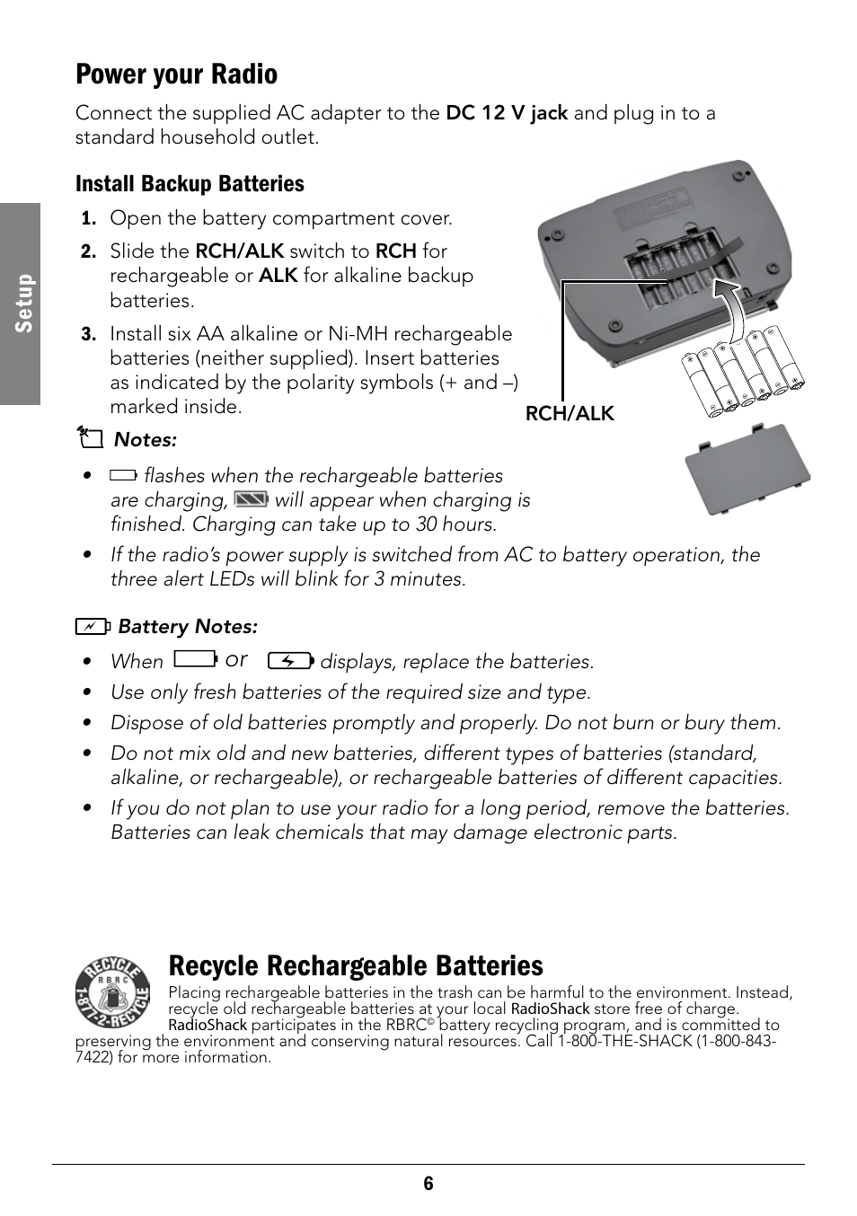 Power your radio, Recycle rechargeable batteries, Se tu p | Install backup batteries | Radio Shack 12-519 User Manual | Page 6 / 24