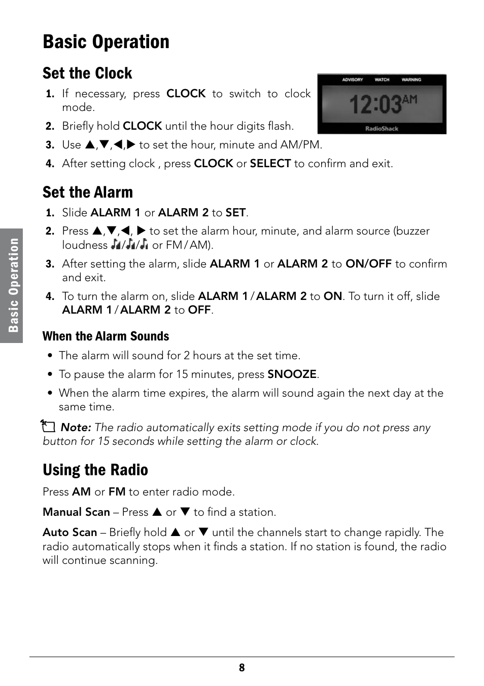 Basic operation, Set the clock, Set the alarm | Using the radio | Radio Shack 12-519 User Manual | Page 8 / 24