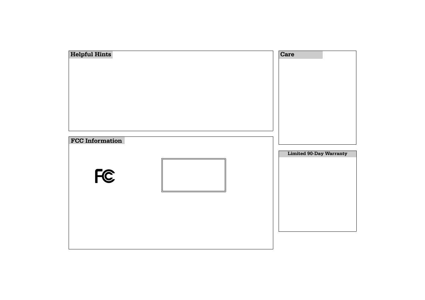 Helpful hints, Care, Fcc information | Limited 90-day warranty | Radio Shack RC HONEY BEE I BUG 60-2792 User Manual | Page 2 / 2