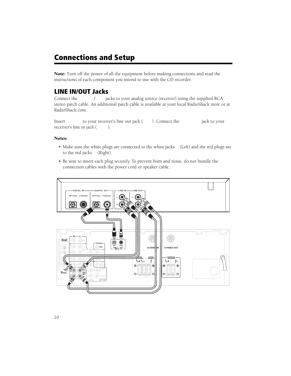 Connections and setup, Line in/out jacks | Radio Shack CD Player User Manual | Page 10 / 32