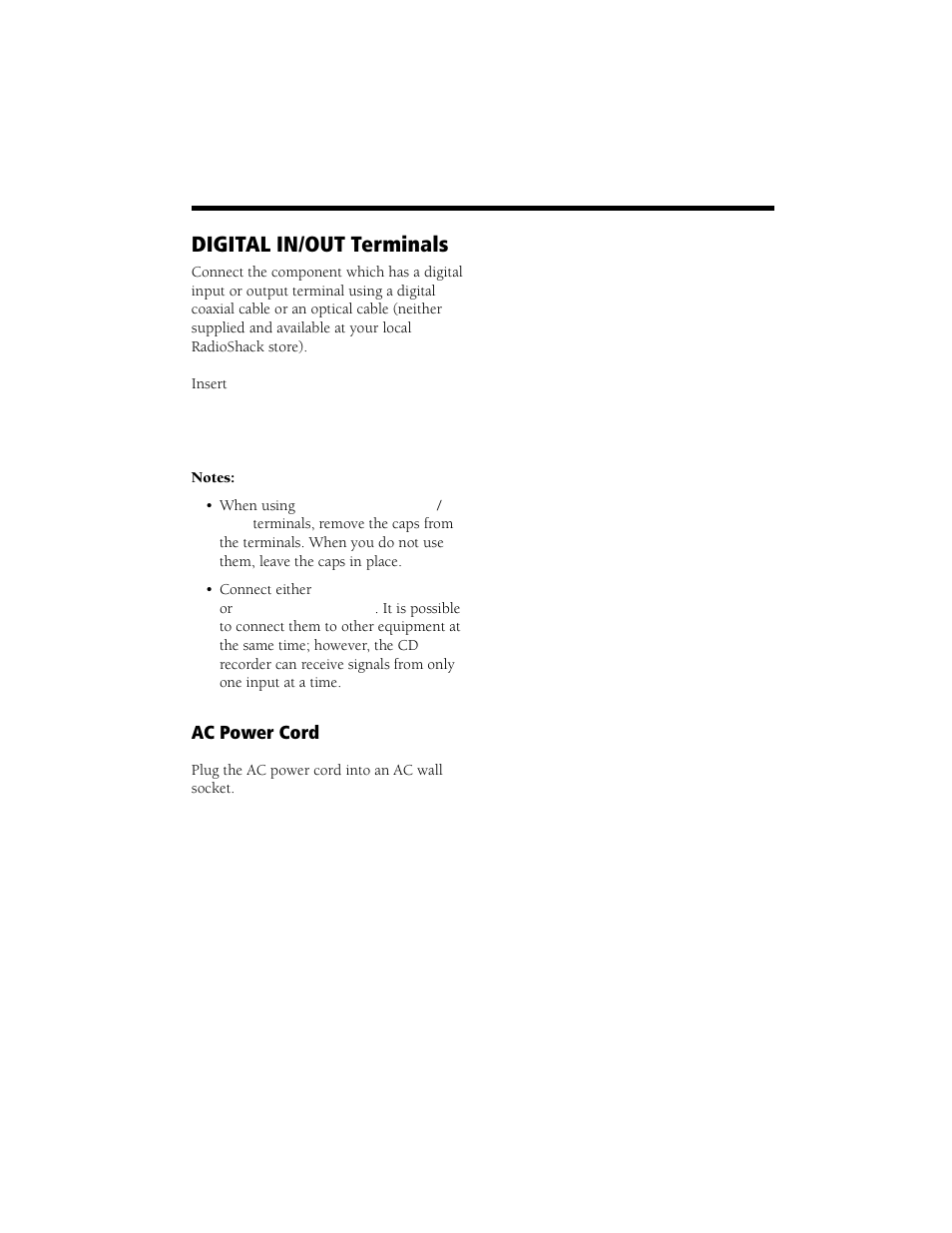 Digital in/out terminals, Ac power cord | Radio Shack CD Player User Manual | Page 11 / 32