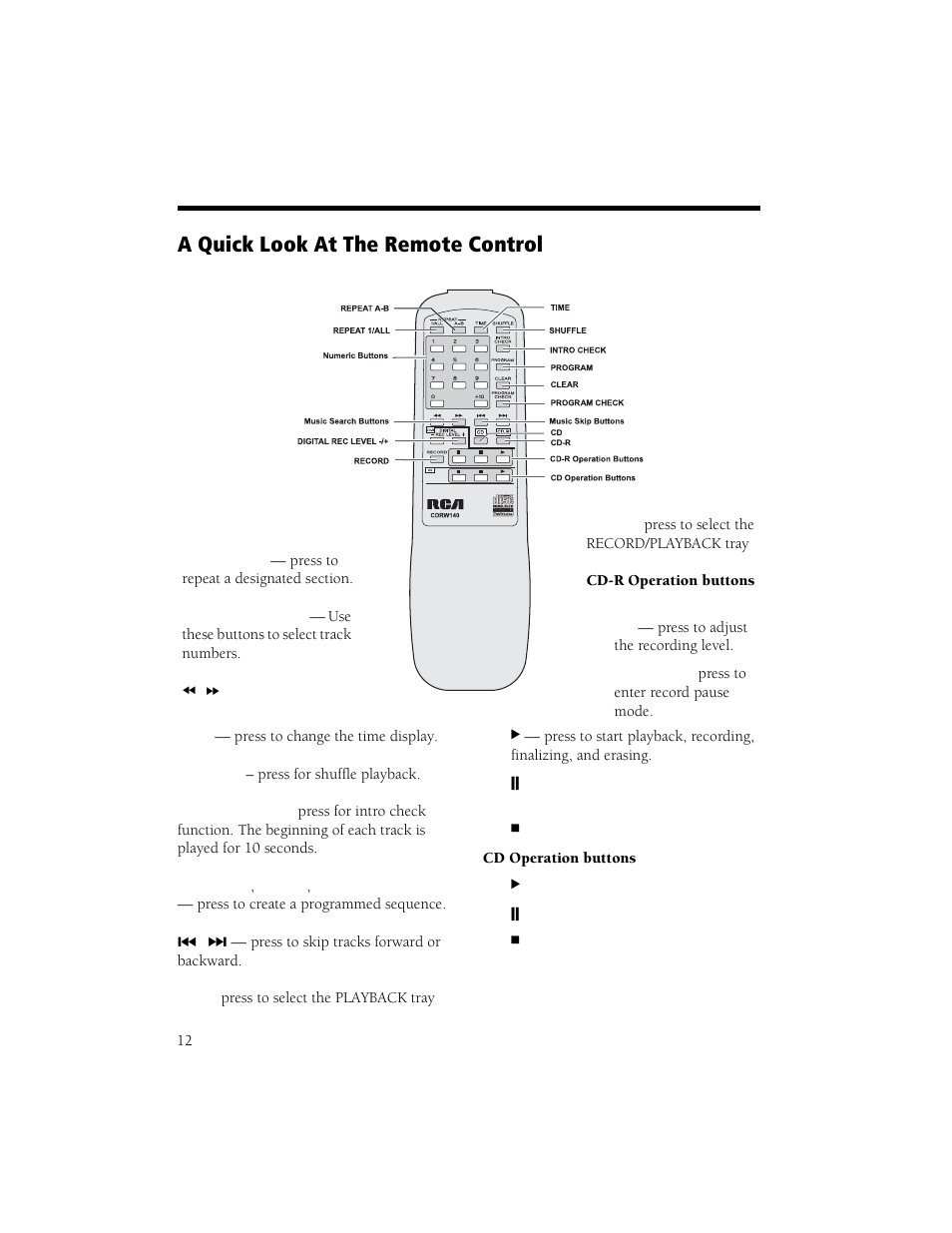 A quick look at the remote control | Radio Shack CD Player User Manual | Page 12 / 32