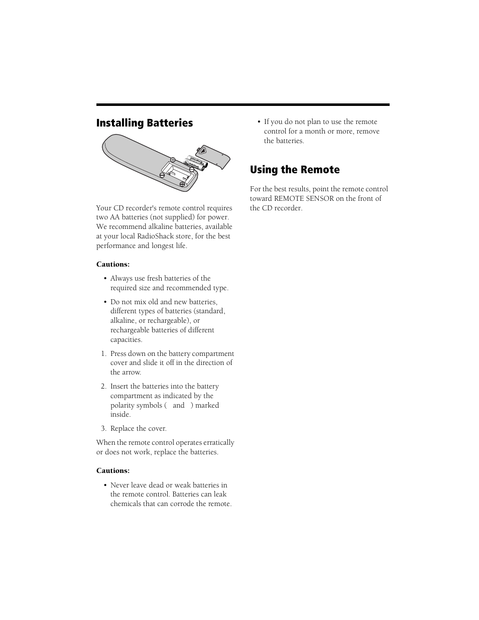 Installing batteries using the remote, Installing batteries, Using the remote | Radio Shack CD Player User Manual | Page 13 / 32