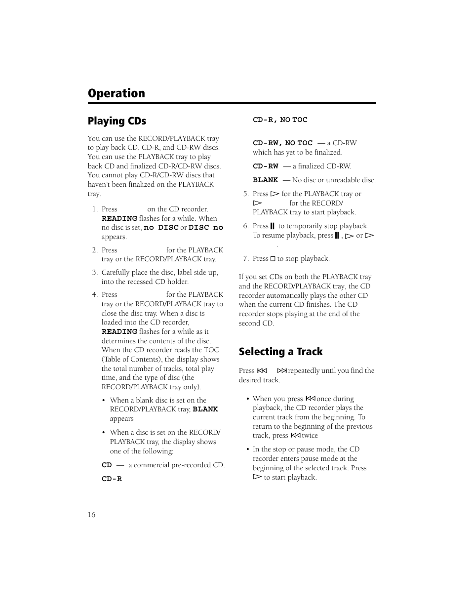 Operation, Playing cds selecting a track, Playing cds | Selecting a track | Radio Shack CD Player User Manual | Page 16 / 32