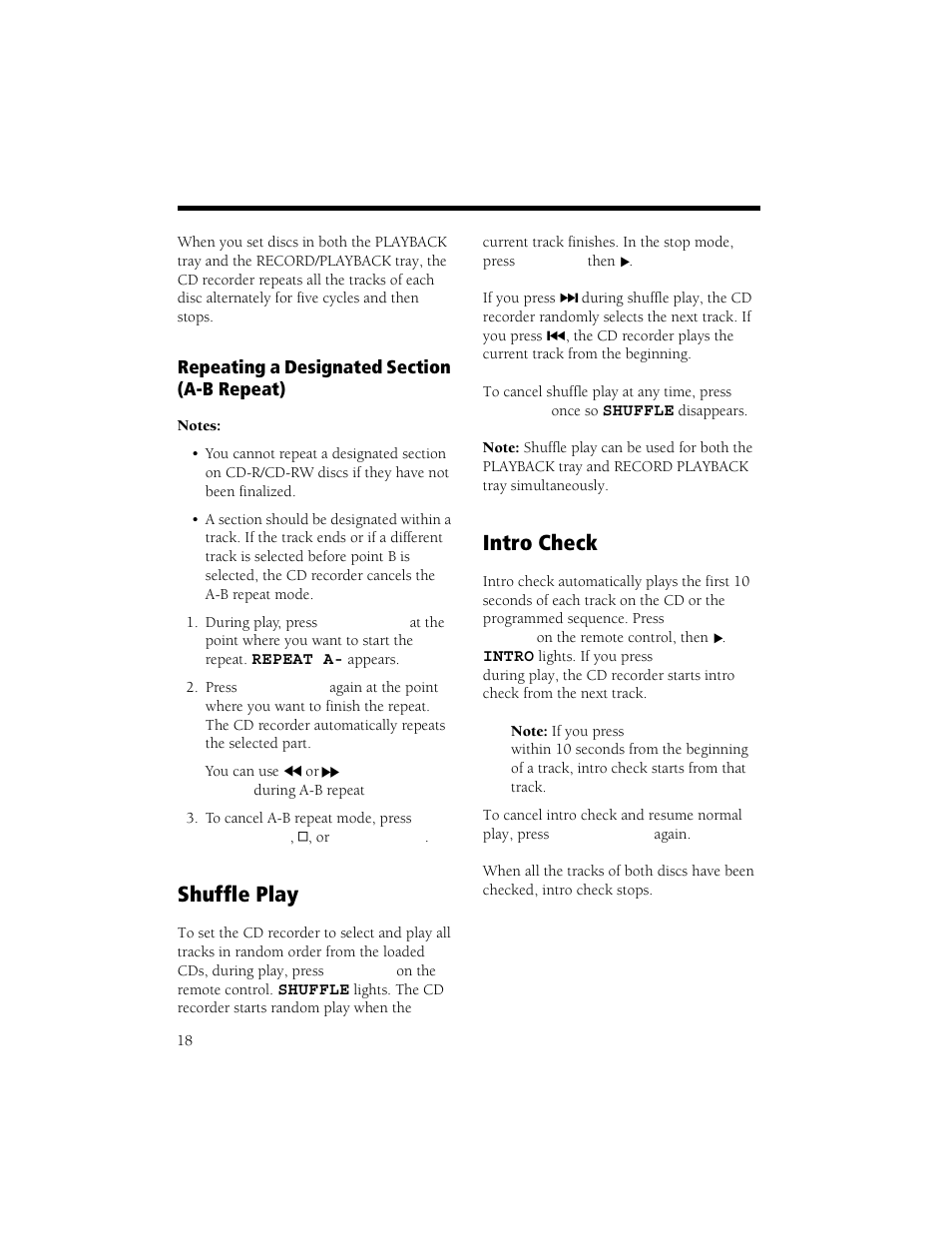 Repeating a designated section (a-b repeat), Shuffle play intro check, Shuffle play | Intro check | Radio Shack CD Player User Manual | Page 18 / 32
