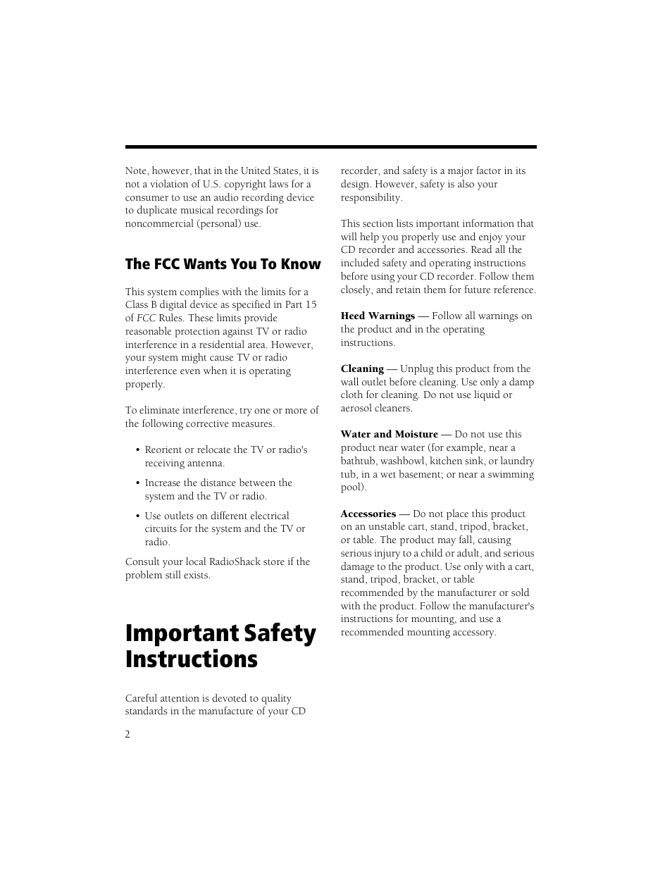 Important safety instructions, The fcc wants you to know | Radio Shack CD Player User Manual | Page 2 / 32
