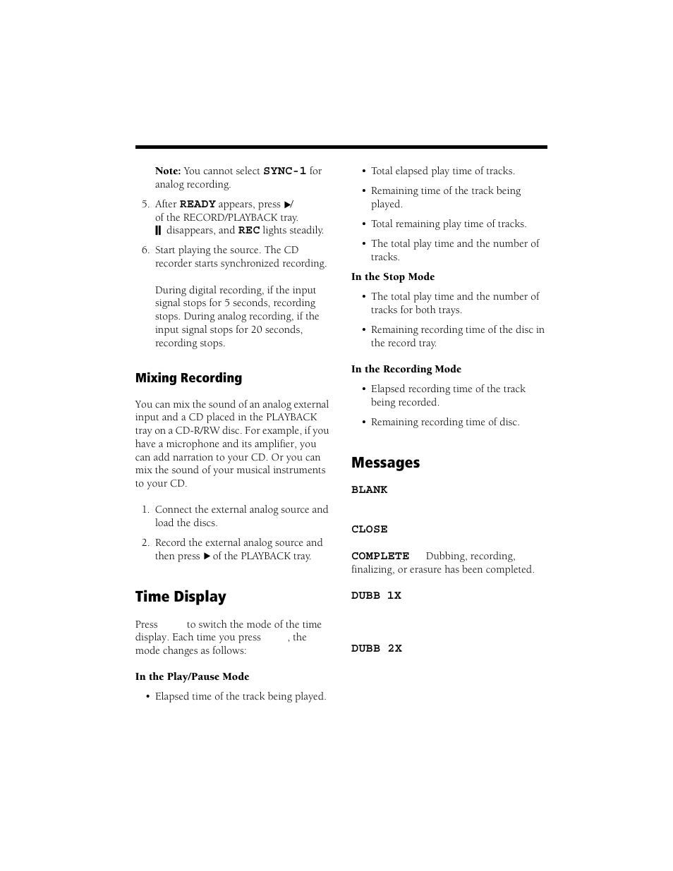 Mixing recording, Time display messages, Time display | Messages | Radio Shack CD Player User Manual | Page 27 / 32