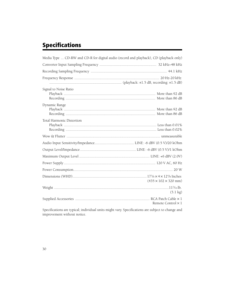 Specifications | Radio Shack CD Player User Manual | Page 30 / 32