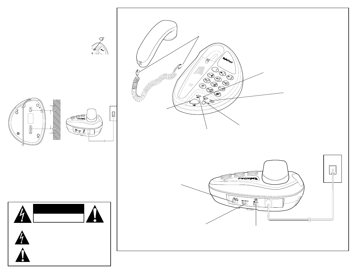 Caution, Mounting the phone, Using the phone | Direct wall mounting desk mounting | Radio Shack 43-3206 User Manual | Page 2 / 2