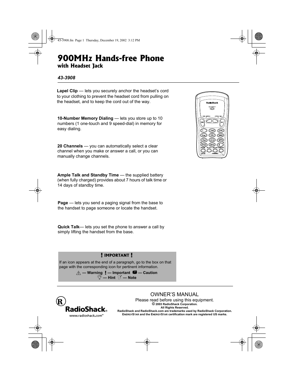 Radio Shack 43-3908 User Manual | 12 pages