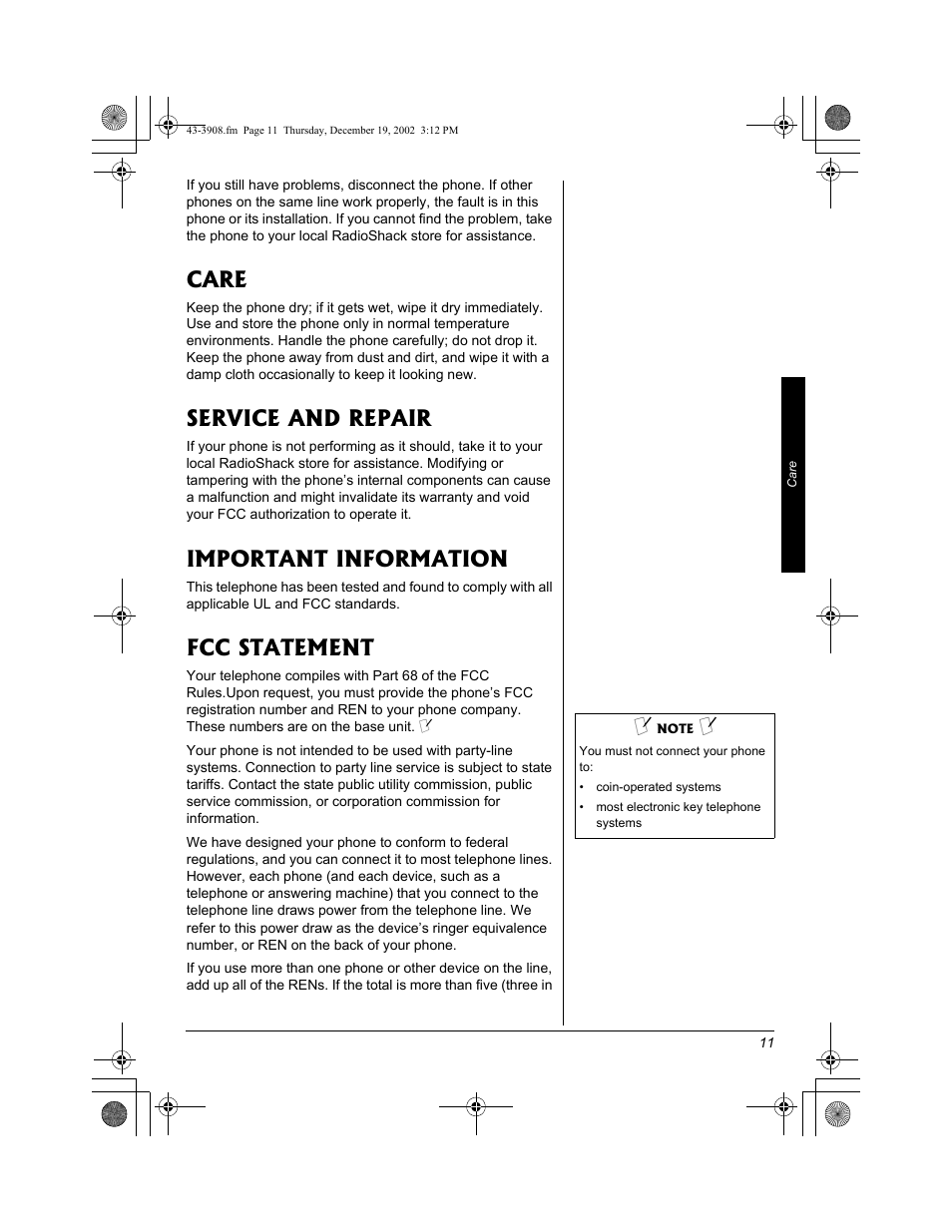 Care, Service and repair, Important information | Fcc statement | Radio Shack 43-3908 User Manual | Page 11 / 12