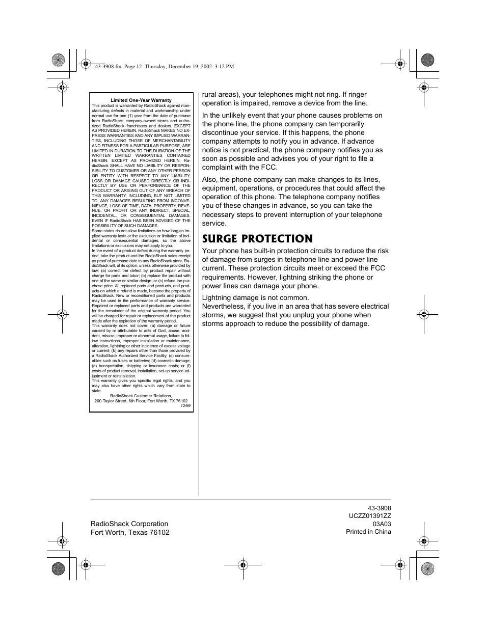 Surge protection | Radio Shack 43-3908 User Manual | Page 12 / 12