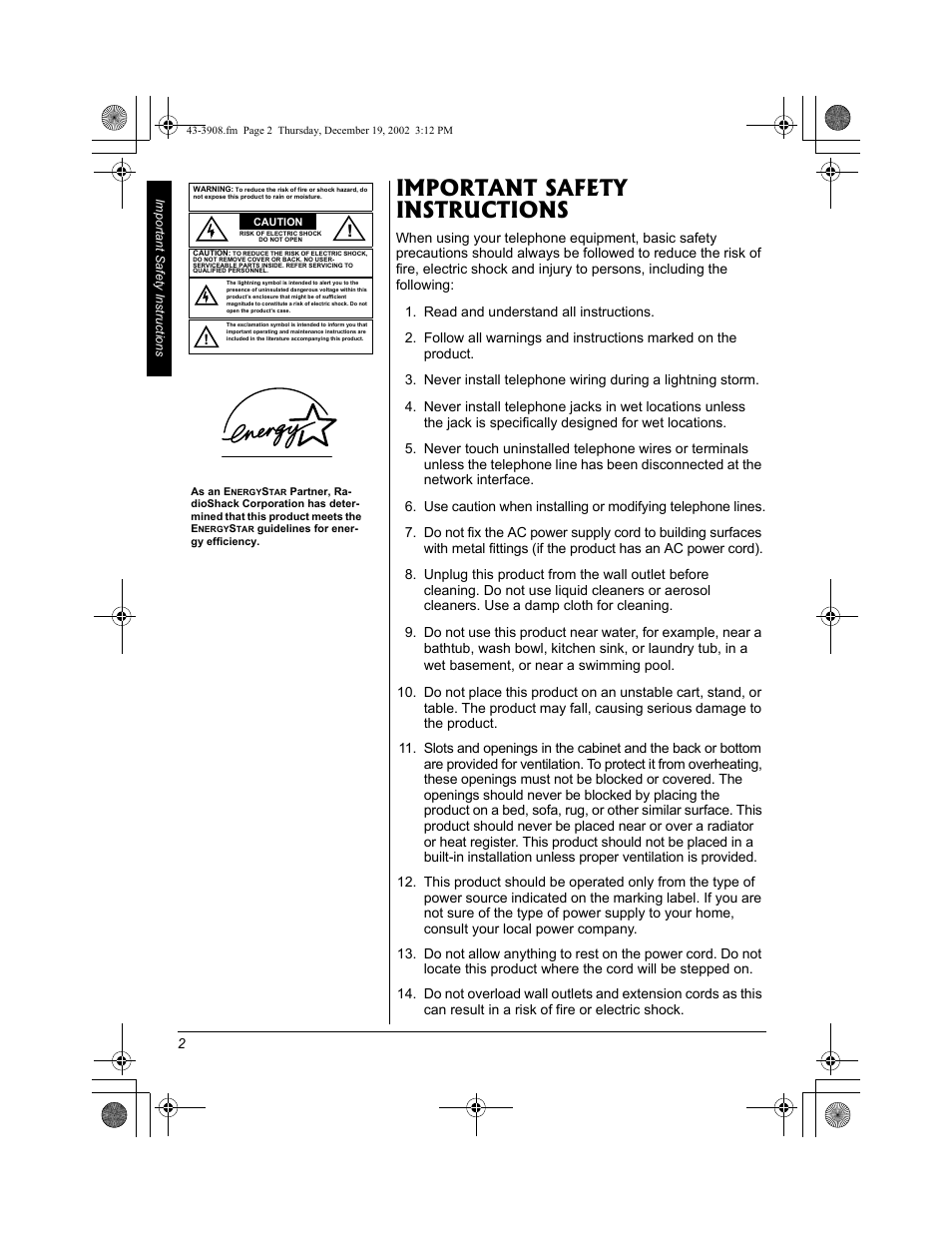 Important safety instructions | Radio Shack 43-3908 User Manual | Page 2 / 12