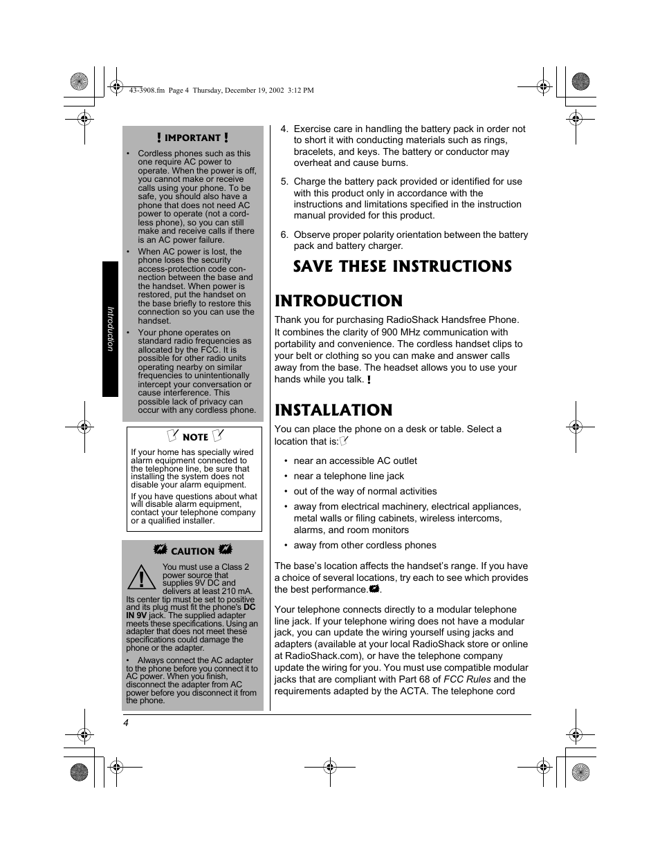 Save these instructions introduction, Installation | Radio Shack 43-3908 User Manual | Page 4 / 12