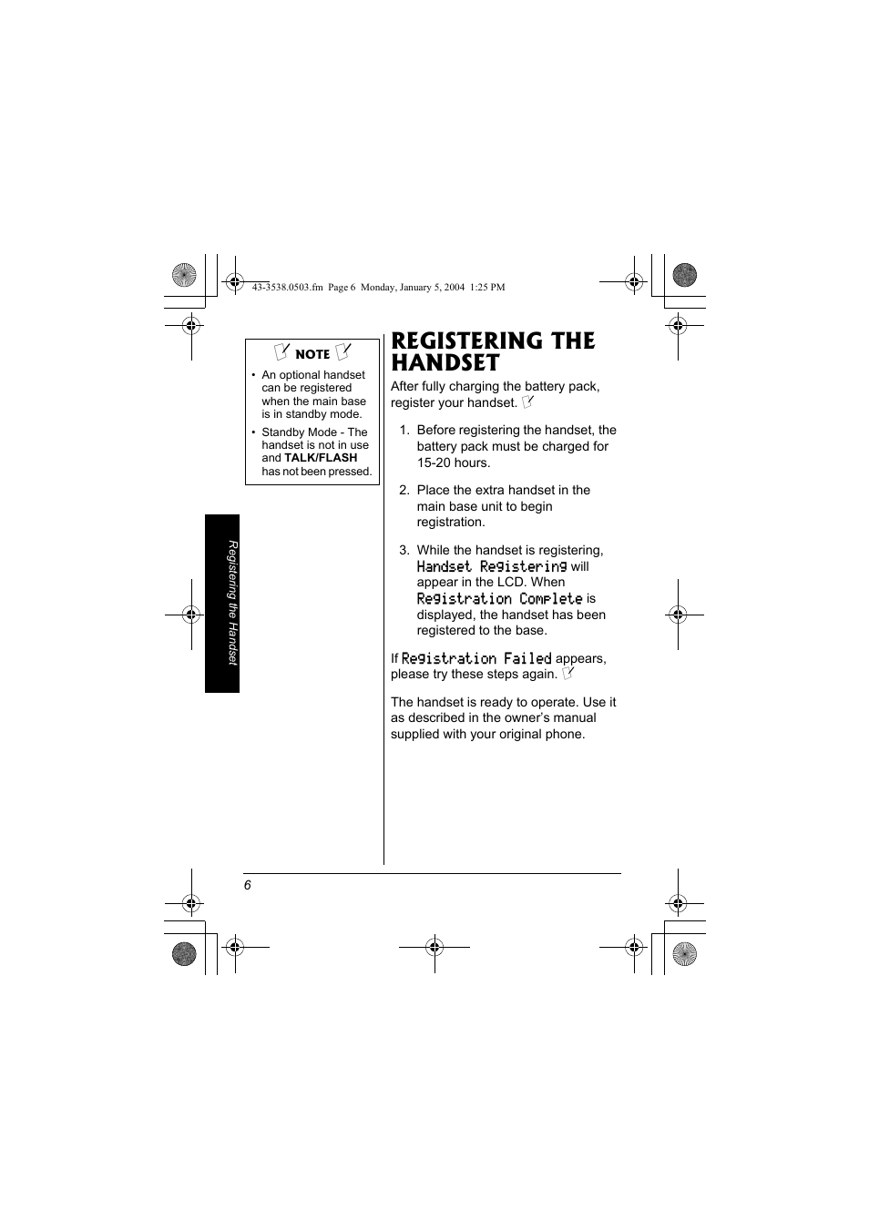 Registering the handset | Radio Shack 43-3571 User Manual | Page 6 / 8