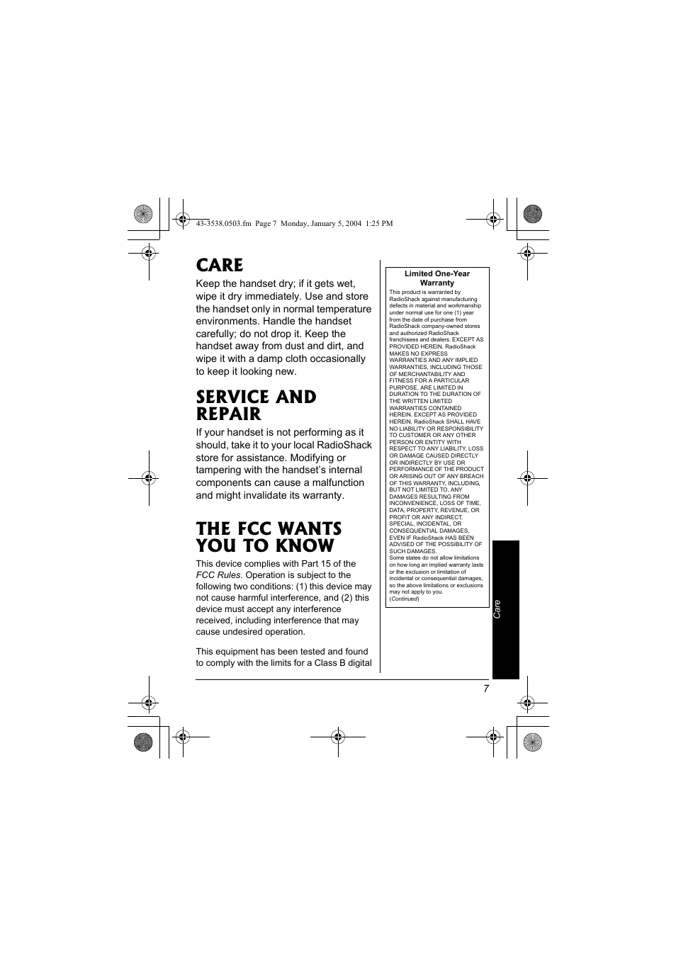 Care, Service and repair, The fcc wants you to know | Radio Shack 43-3571 User Manual | Page 7 / 8