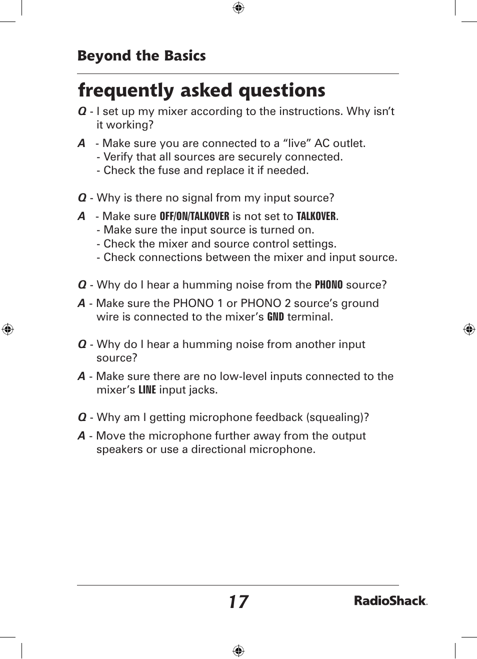 Frequently asked questions, Beyond the basics | Radio Shack 32-2057 User Manual | Page 17 / 20