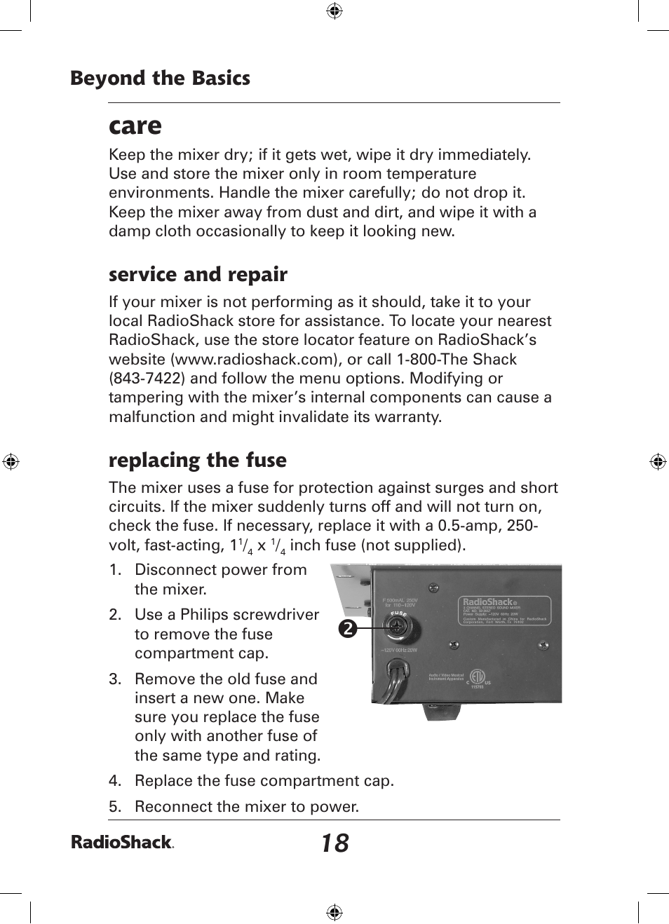 Care, Beyond the basics, Service and repair | Replacing the fuse | Radio Shack 32-2057 User Manual | Page 18 / 20