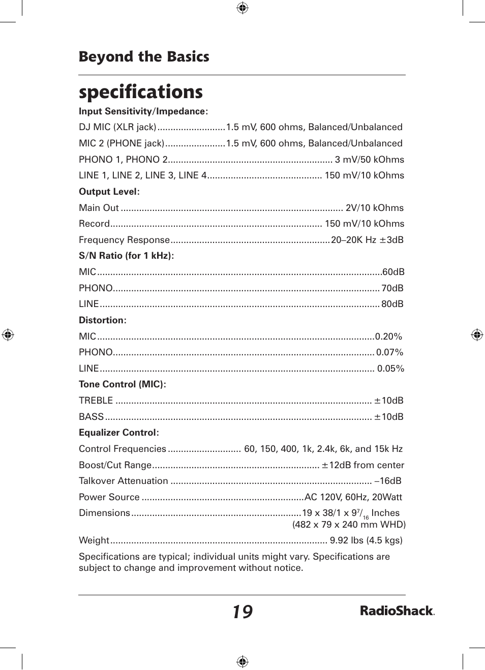 Speciﬁcations, Beyond the basics | Radio Shack 32-2057 User Manual | Page 19 / 20