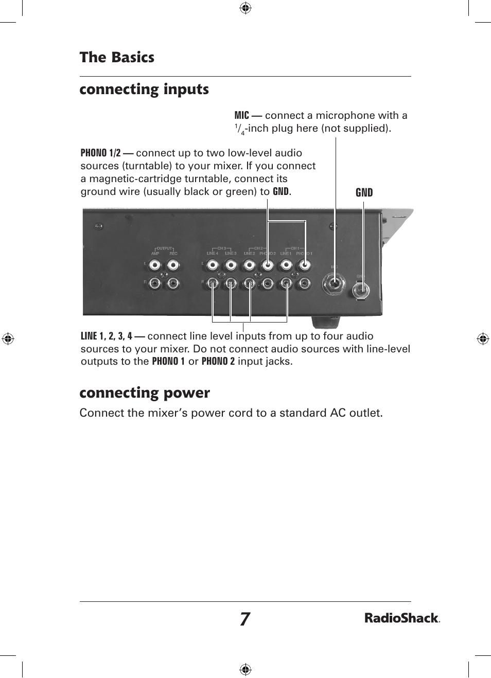 The basics connecting inputs connecting power | Radio Shack 32-2057 User Manual | Page 7 / 20